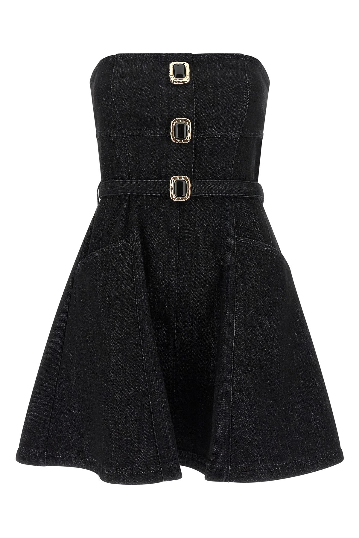 Self-portrait Strapless Black Cotton Denim Mini Dress With Jewel Button Detail In Black