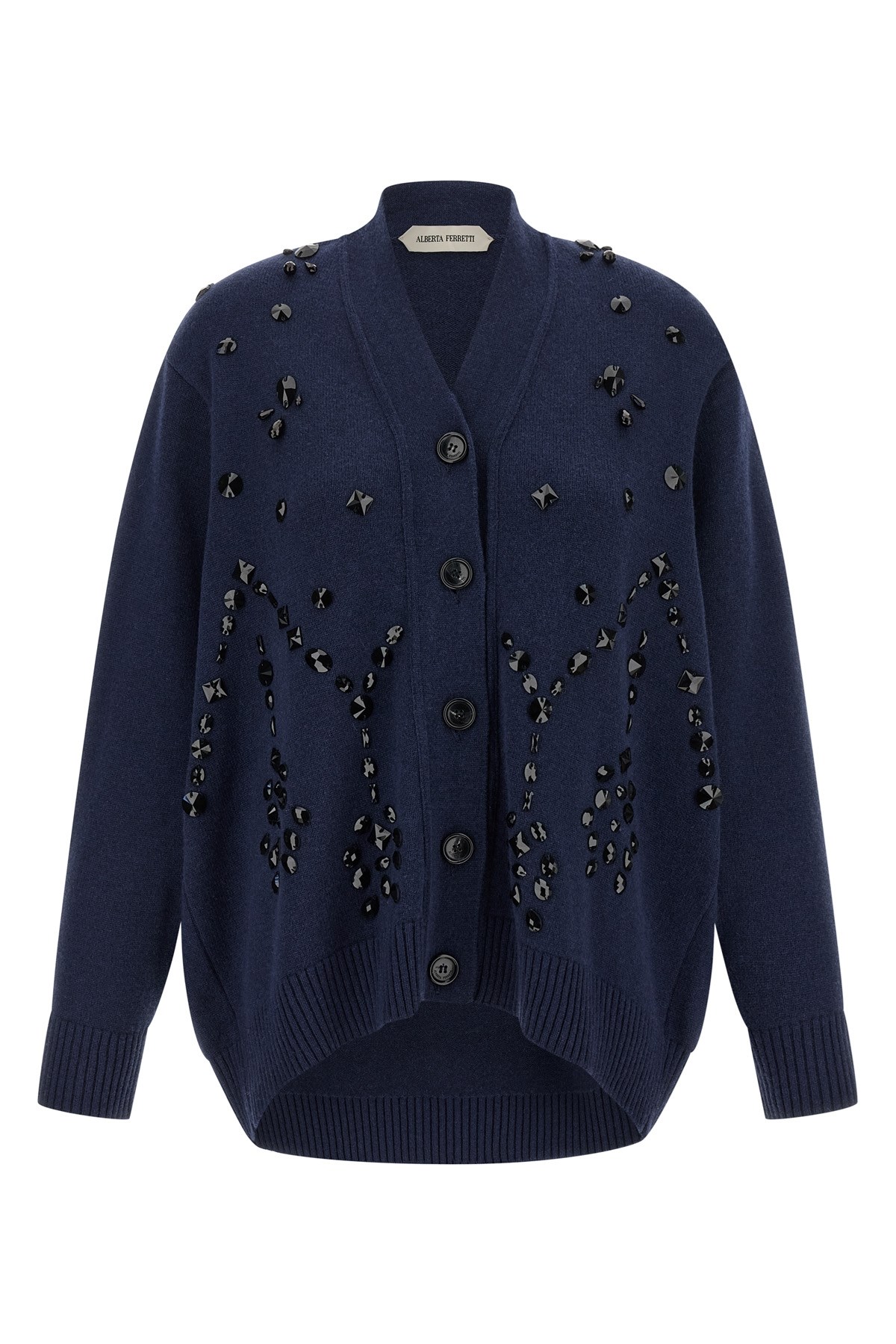 Alberta Ferretti V-neck Cashmere And Silk Blend Cardigan With Crystal Embroidery In Blue