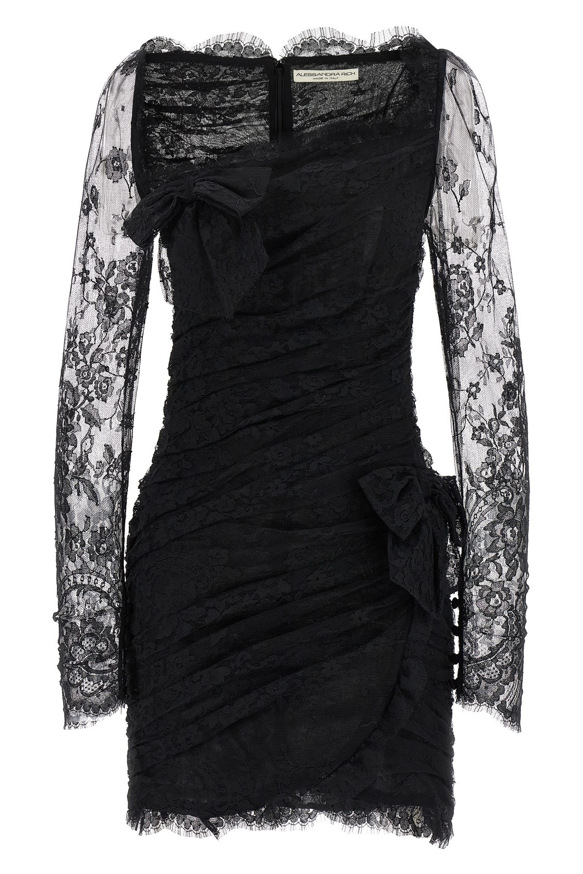 Alessandra Rich Draped Lace Mini Dress With Plunging Neckline In Black