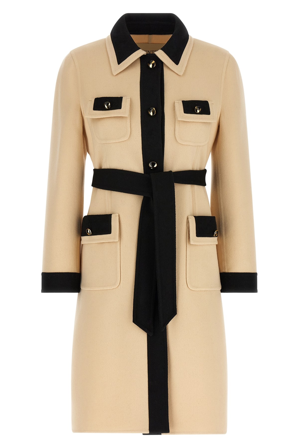 Valentino Wool Coat With Belted Waist And Contrast Trim In Multi