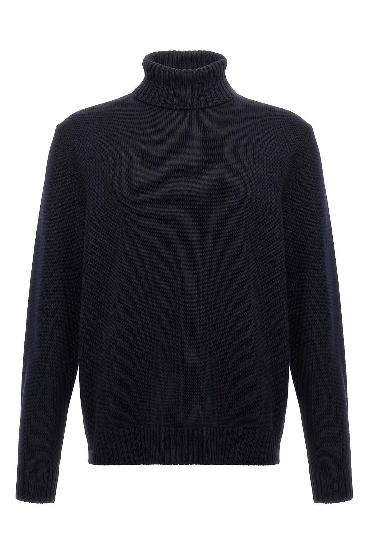 Zanone Turtleneck Wool Sweater With Turn-up Collar And Cuffed Sleeves In Blue