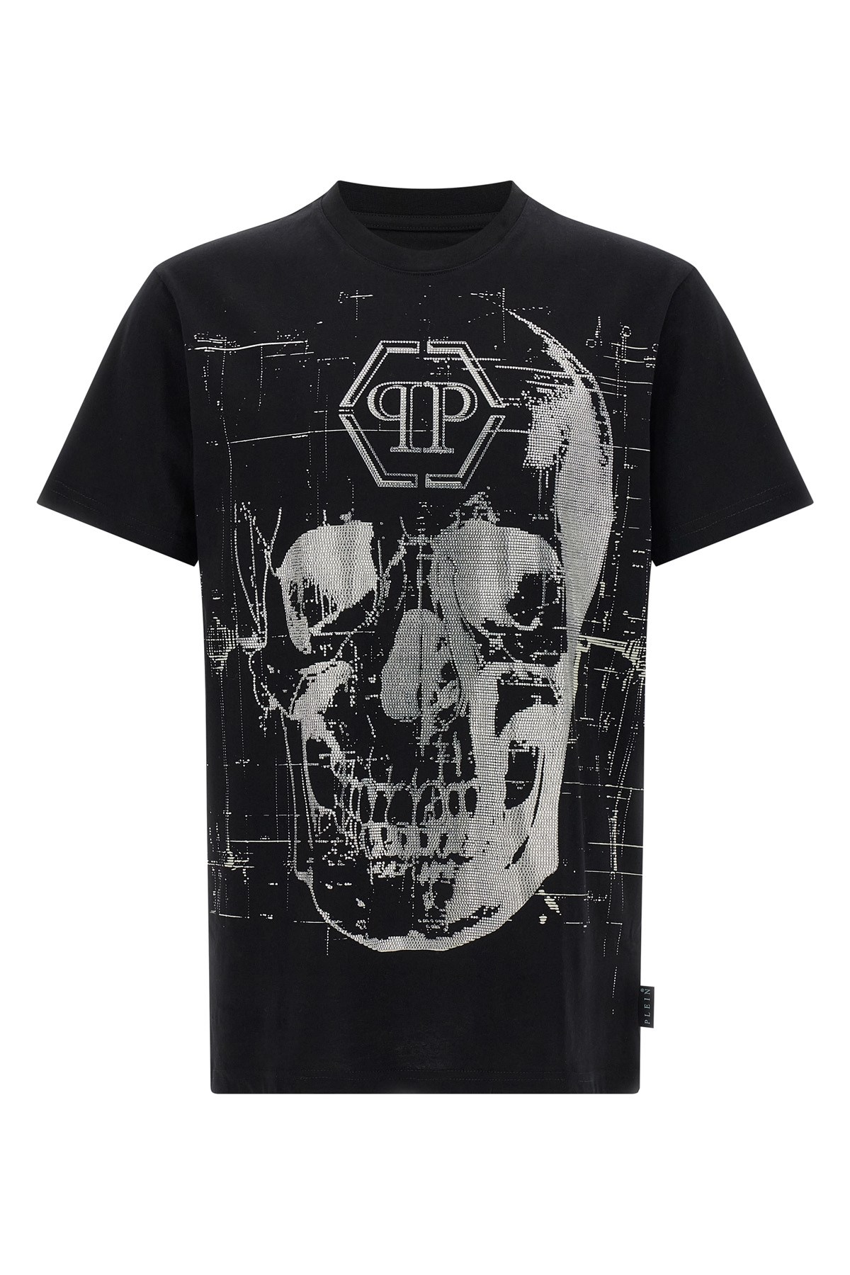 Philipp Plein Crew Neck Black T-shirt With Crystal Skull Design And Logo Patch In Black