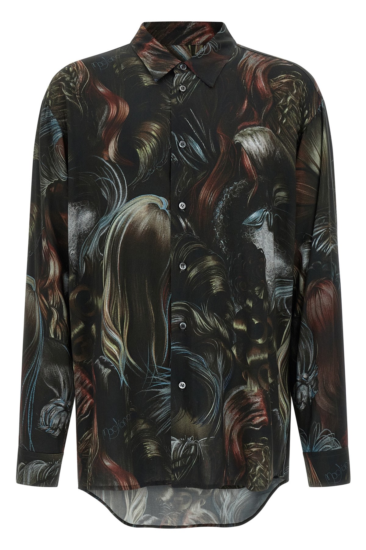 Magliano Wig Motif All-over Print Shirt With Asymmetric Hem In Brown