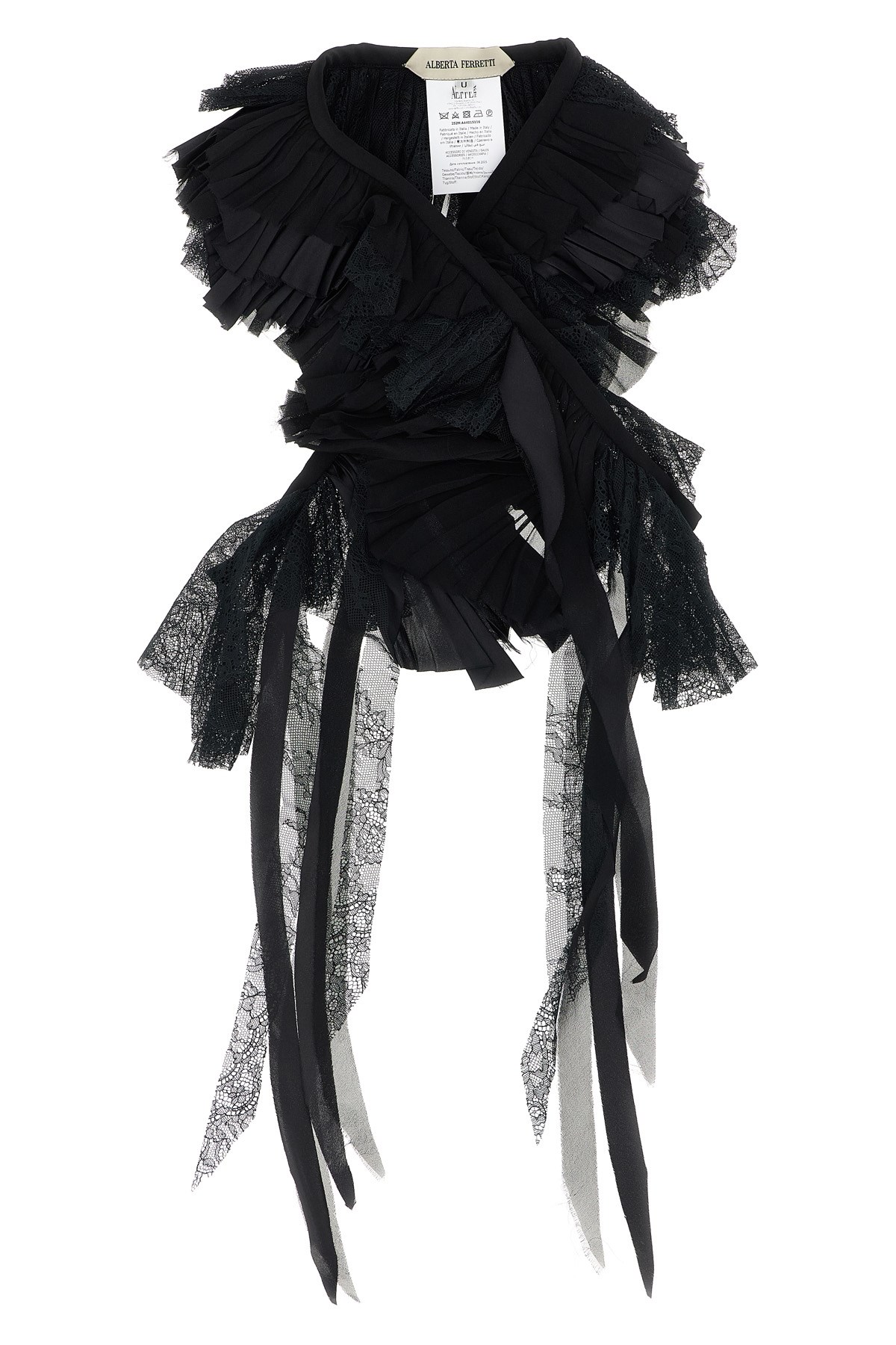 Alberta Ferretti Georgette Collar With Flounces And Lace Fringes In Black