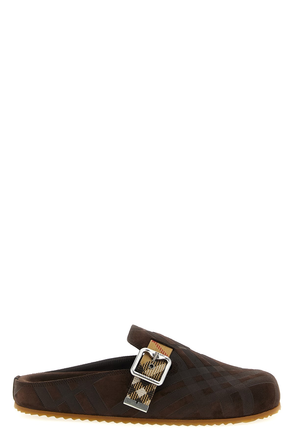Burberry Strap Patterned Round Toe Rubber Sole Slip-on In Brown