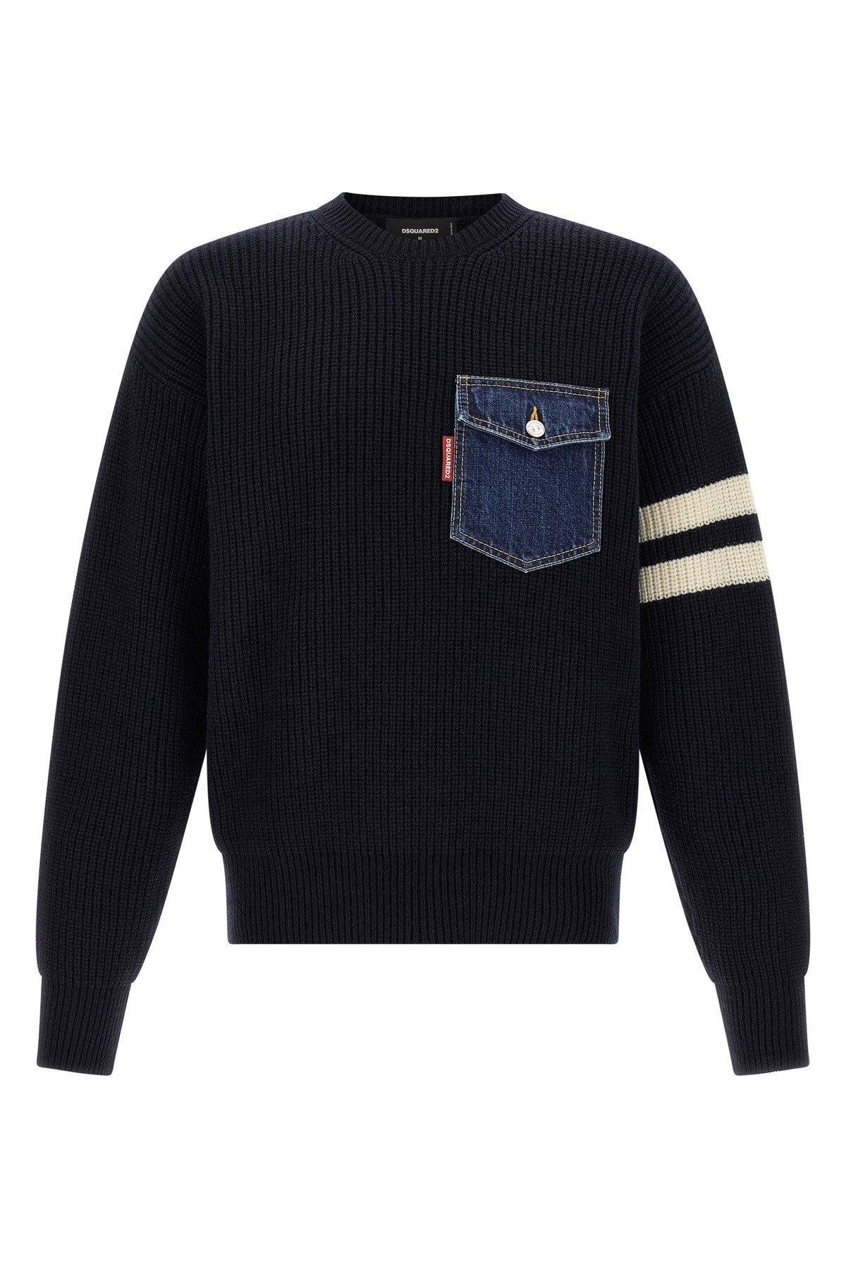 Dsquared2 Crew Neck Denim Pocket Sweater With Striped Sleeves In Blue