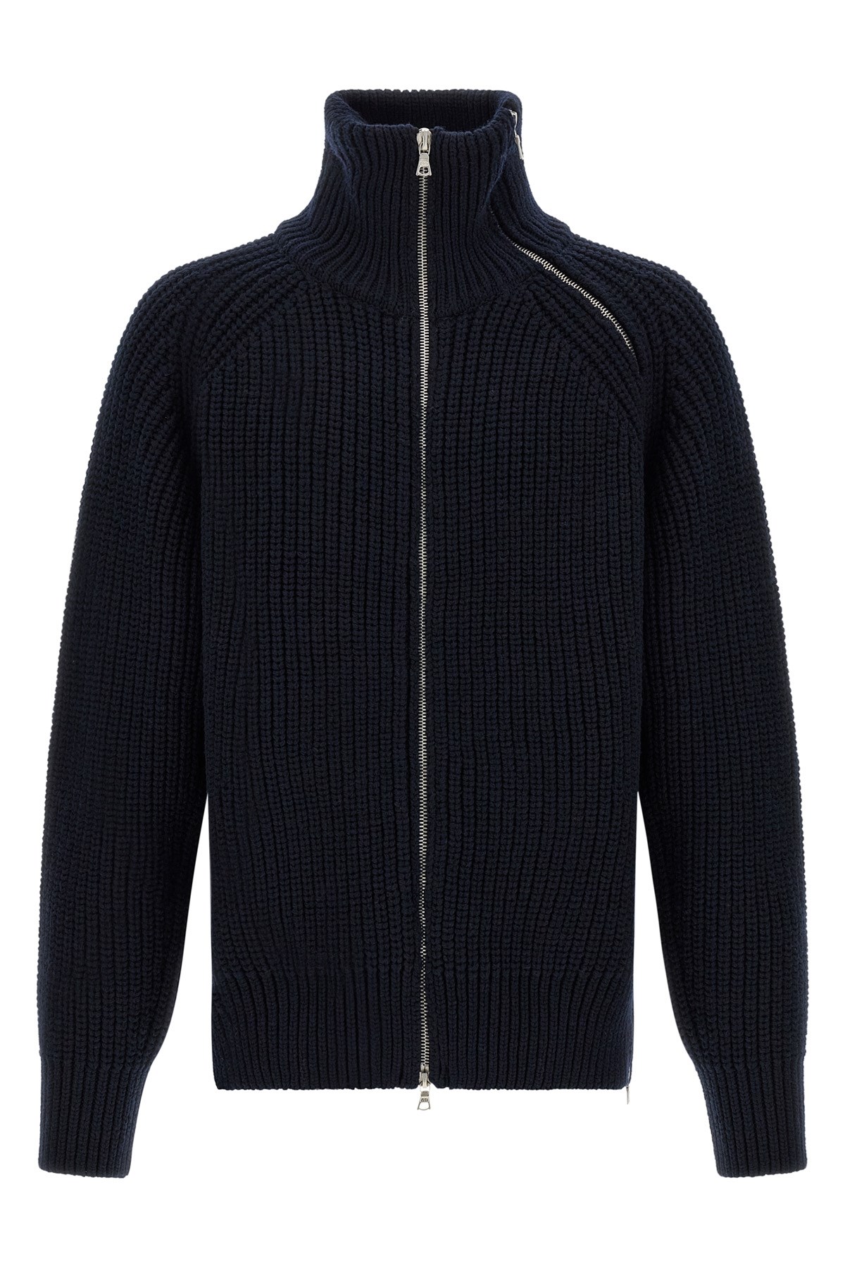 Dries Van Noten Men Black Wool Knit Zip-up Cardigan In Blue