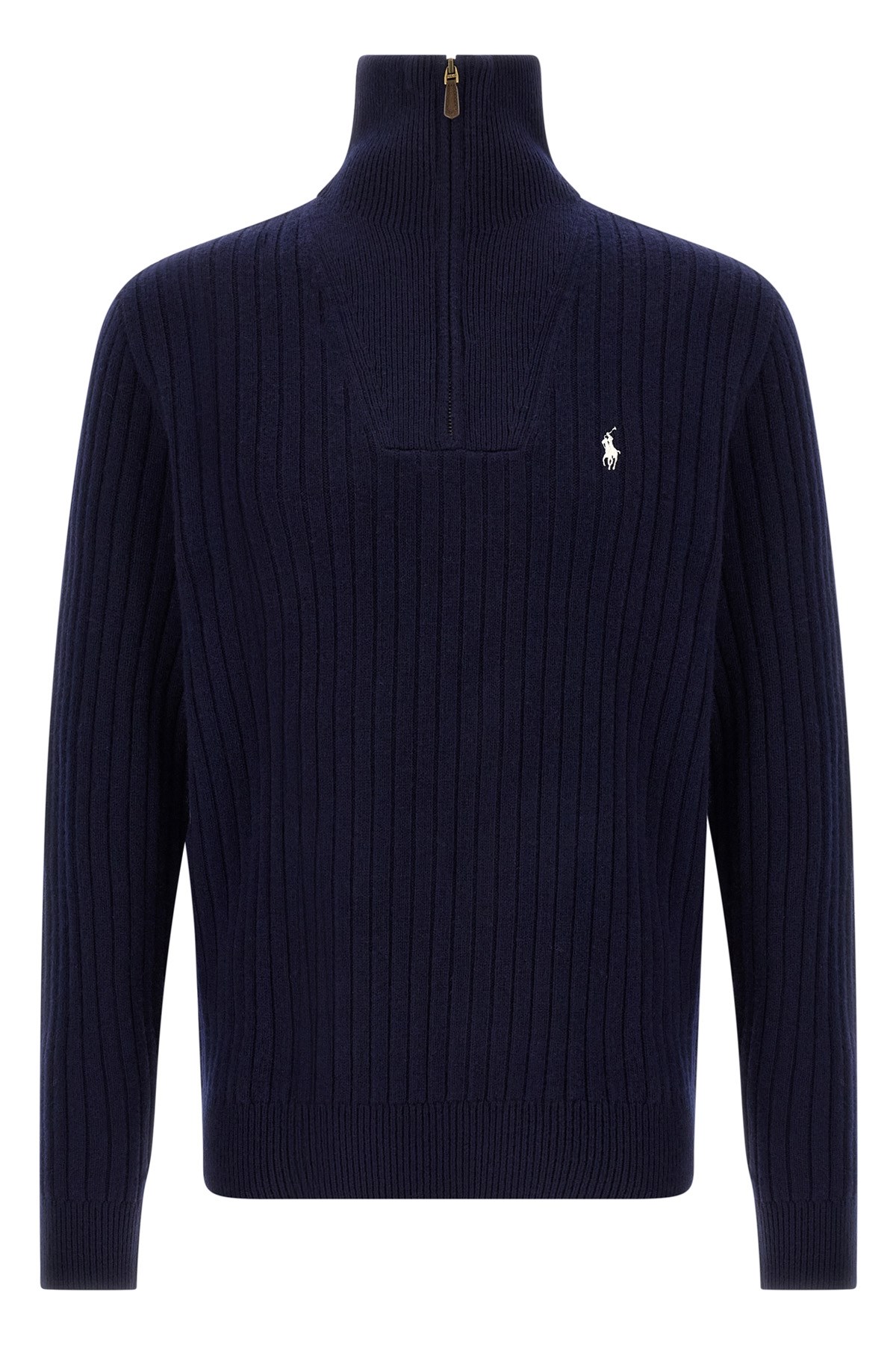 Polo Ralph Lauren Wool Cotton Sweater Ribbed Texture Long Sleeves In Blue