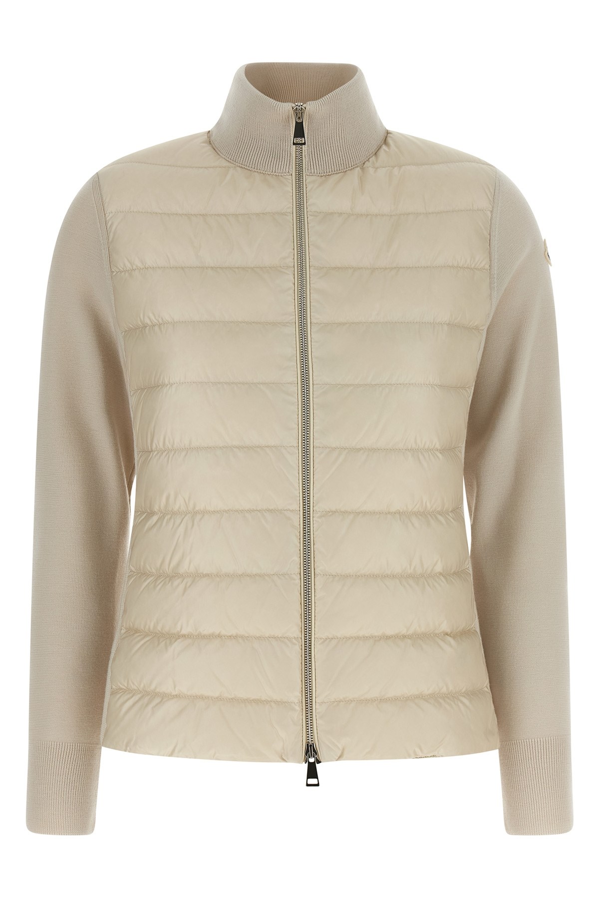 Moncler Quilted High Neck Two-material Cardigan With Feather Padding In Sand