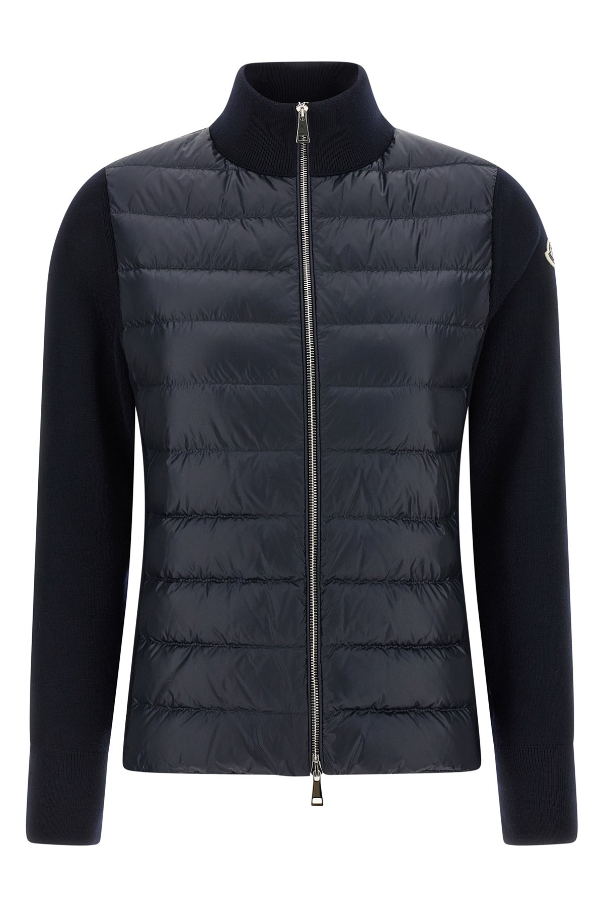 Moncler Two-material Cardigan With High Neck And Zip Closure In Blue