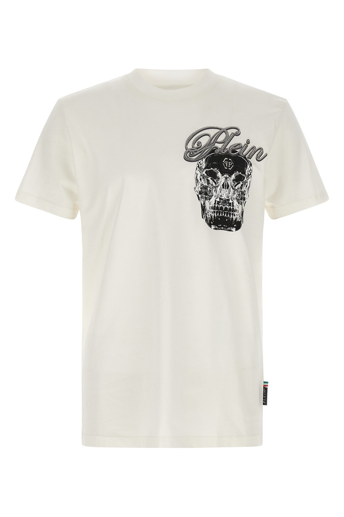 Philipp Plein Ribbed Crew Neck T-shirt With Logo Patch And Chest Print In White