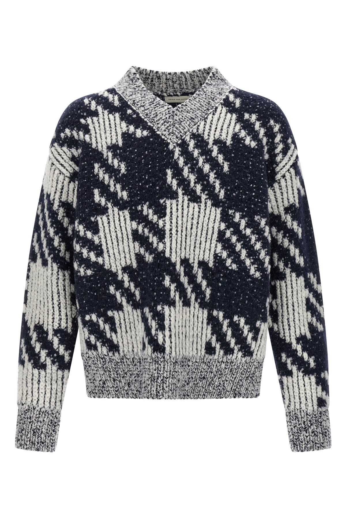 Dries Van Noten Chunky Knit V Neck Sweater With Textured Pattern In Multi
