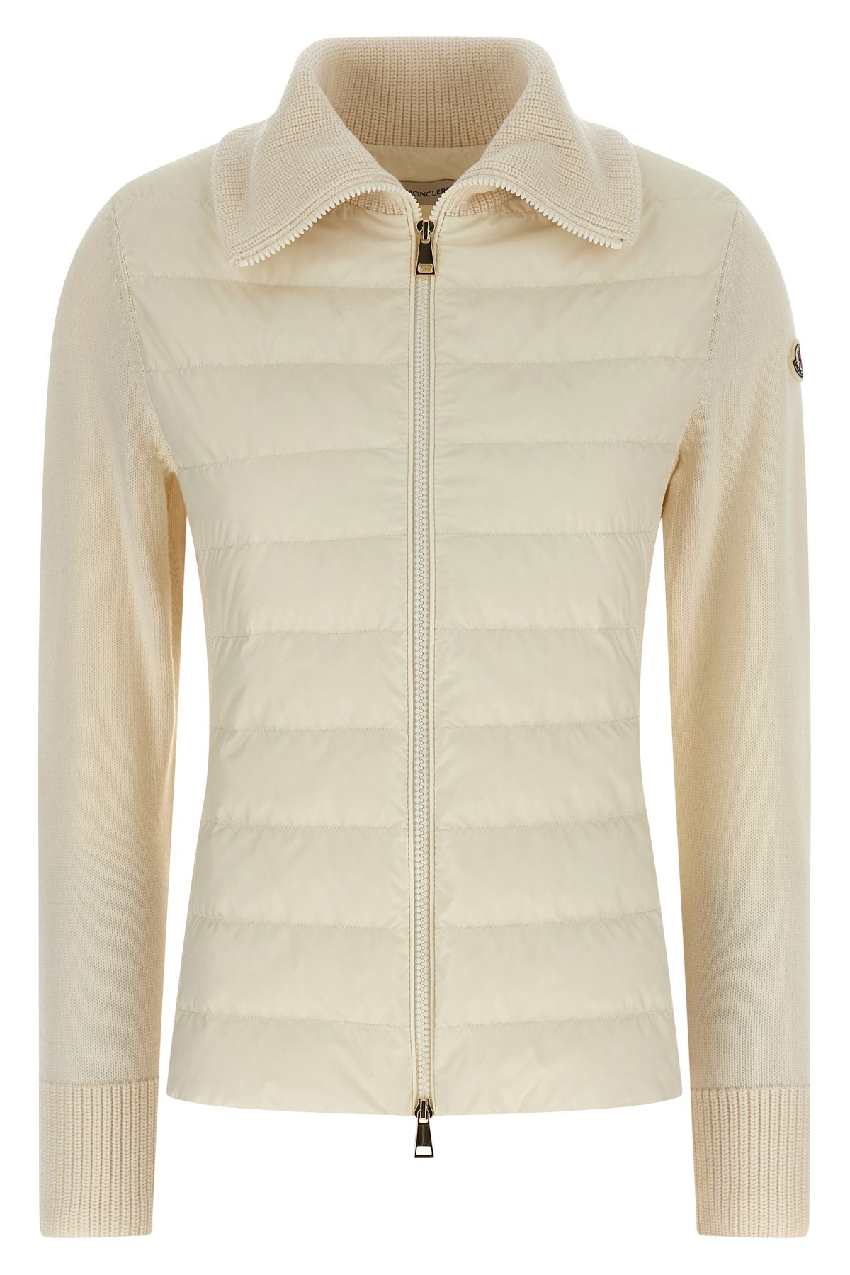 Moncler Two-material Cardigan With Goose Down Padding And High Neck In White
