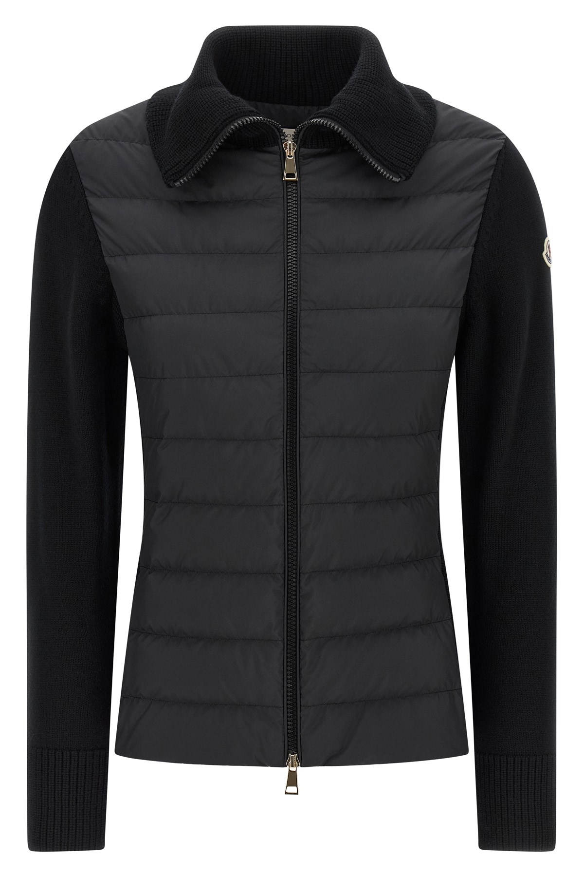 Moncler Two-material Cardigan With Goose Down Padding And High Neck In Black