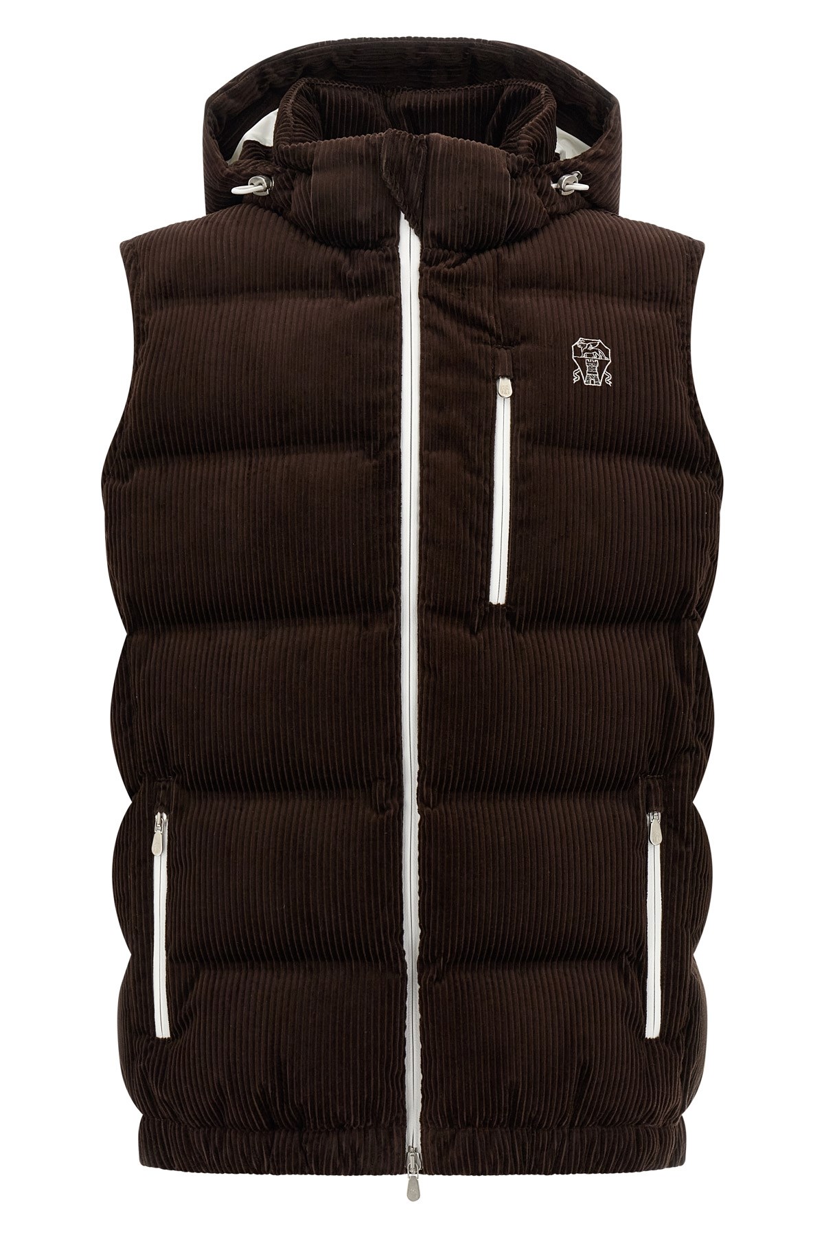 Brunello Cucinelli Velvet Padded Hooded Sleeveless Gilet In Brown