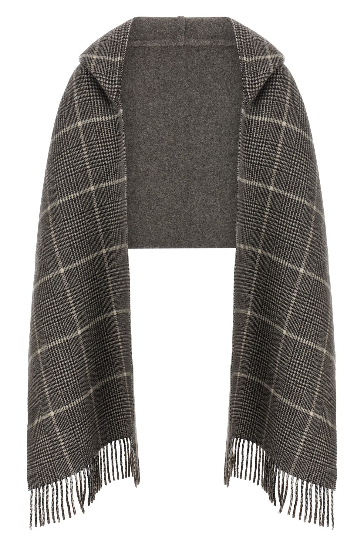 Brunello Cucinelli Checked Pattern Hooded Scarf With Fringed Edges In Gray