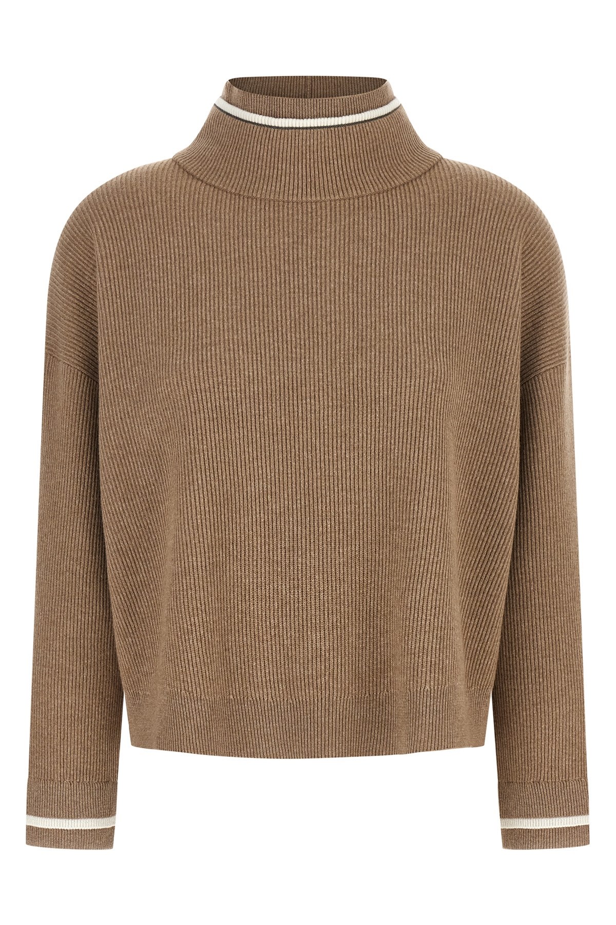 Brunello Cucinelli Ribbed Mock Neck Sweater With Contrast Trim In Brown