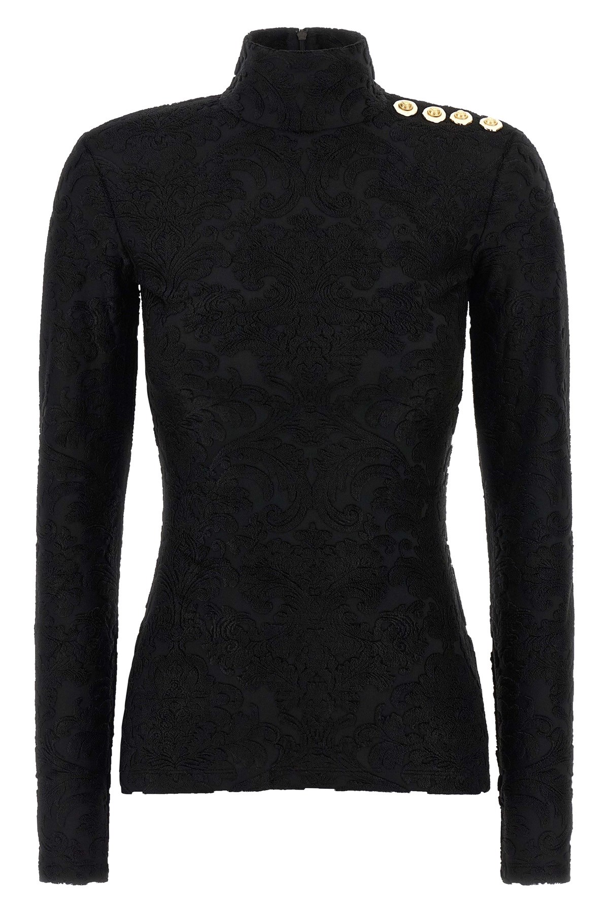 Balmain Buttoned Ls Bouclette Baroque Top In Black