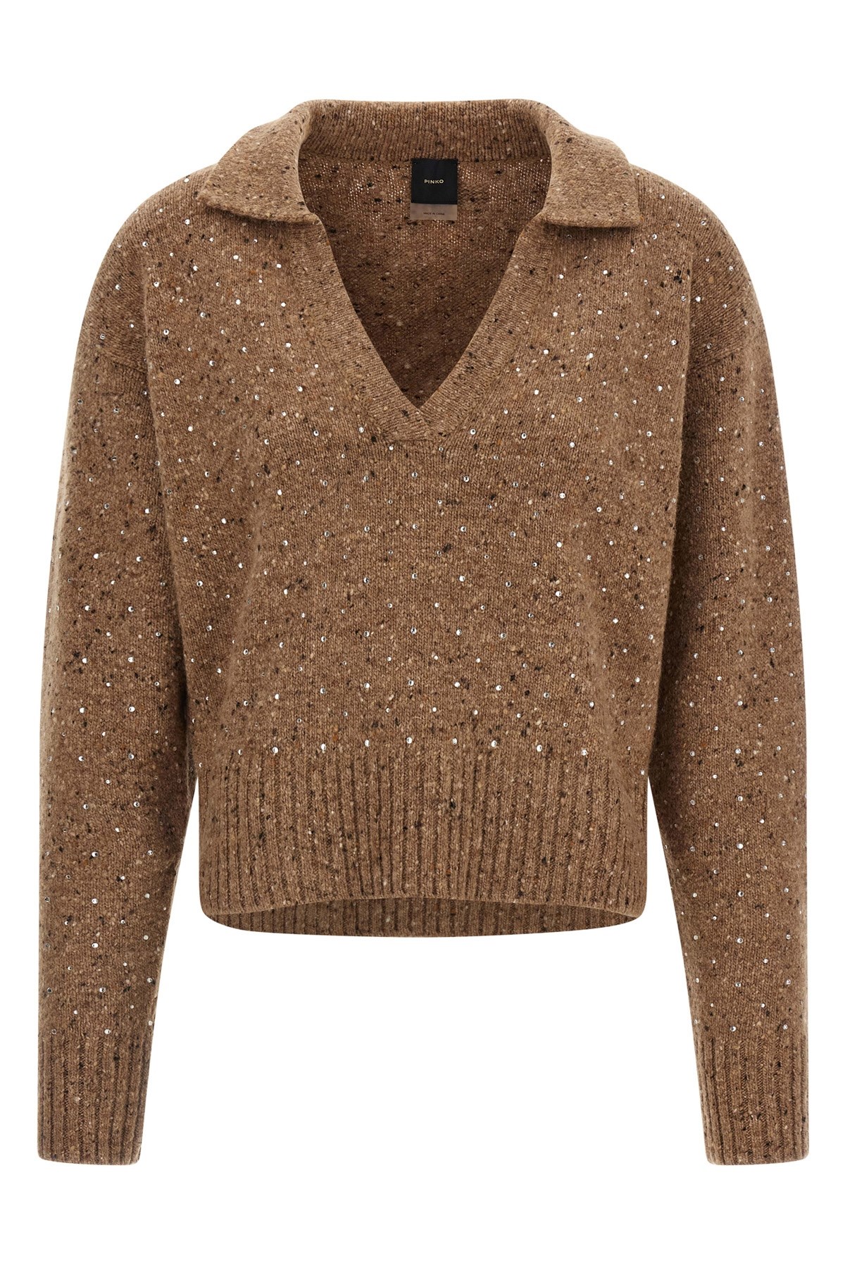 Pinko V-neck Lurex Knit Polo With Long Sleeves In Blue