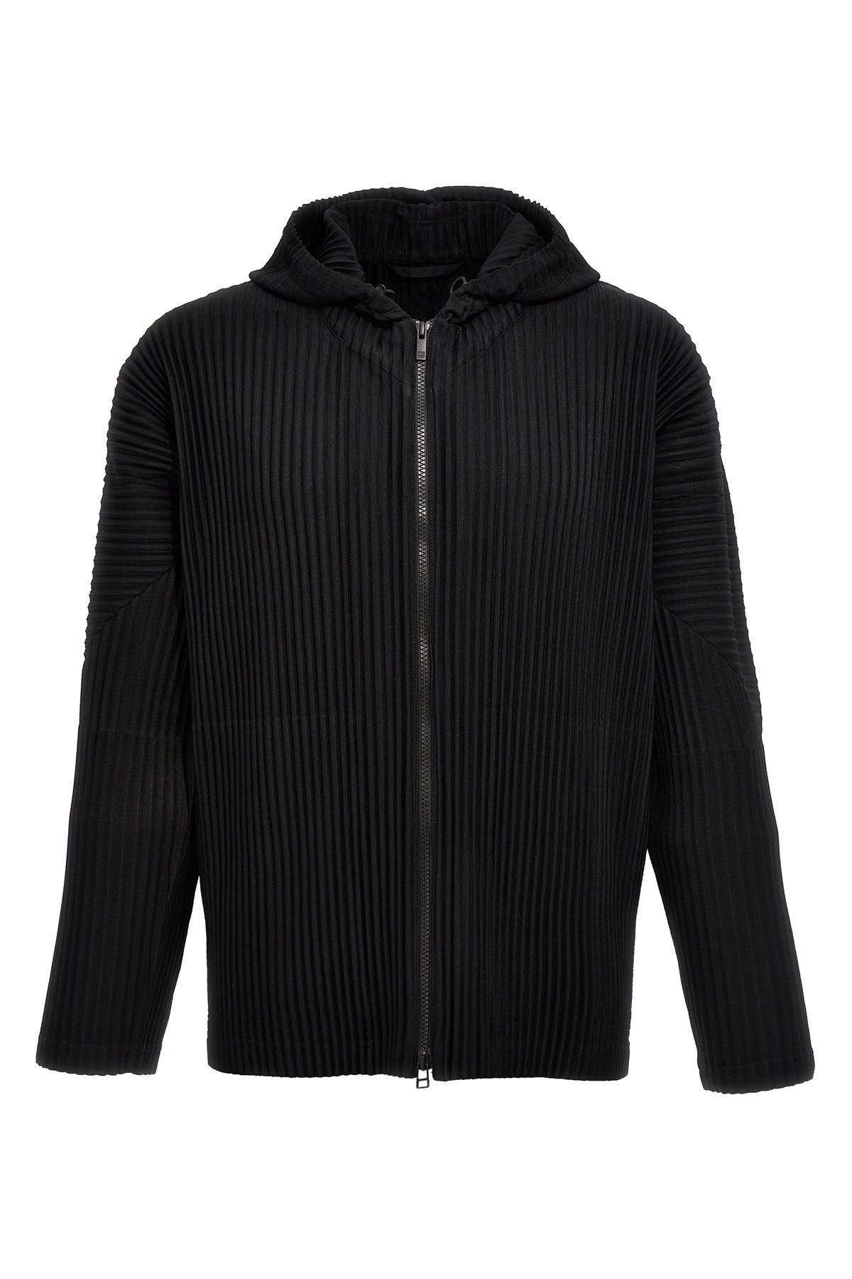 Issey Miyake Ribbed Texture Hooded Zip-up Sweater In Black