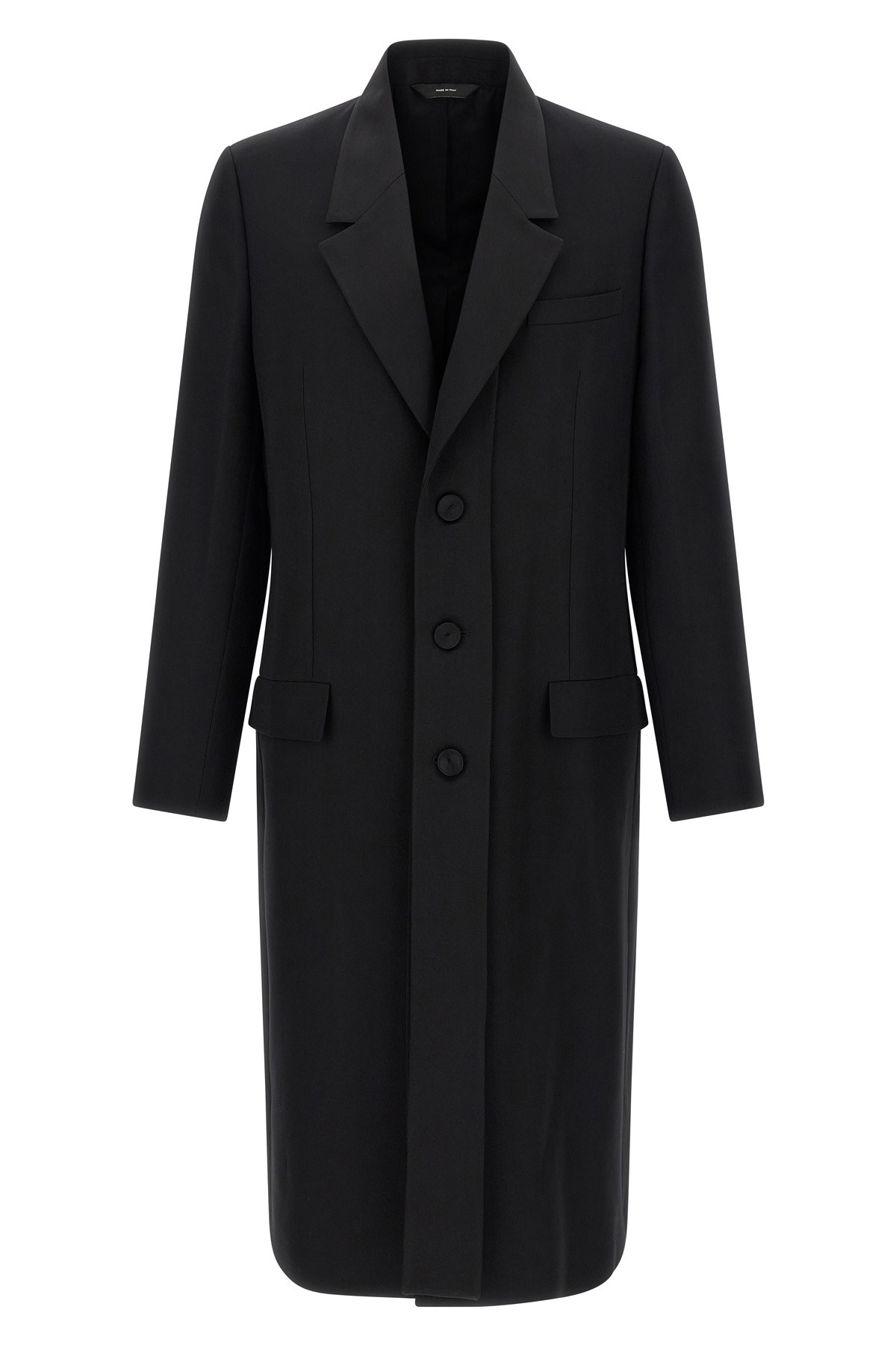 Fendi Crepe Wool Coat With Double Layer Satin Lapel In Black