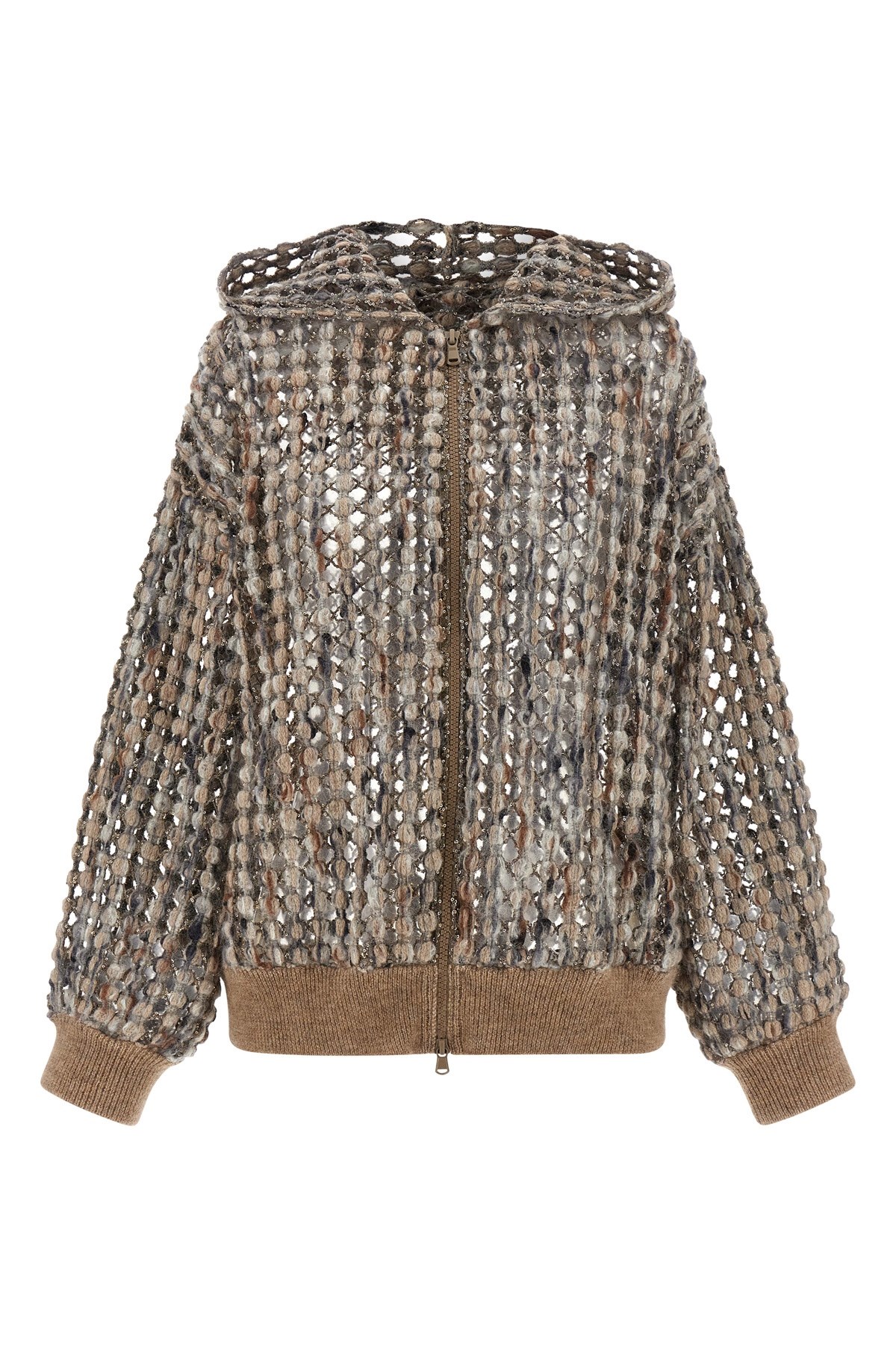 Brunello Cucinelli Pailette Wool-cashmere Net Balloon-sleeve Zip Hoodie In Multi