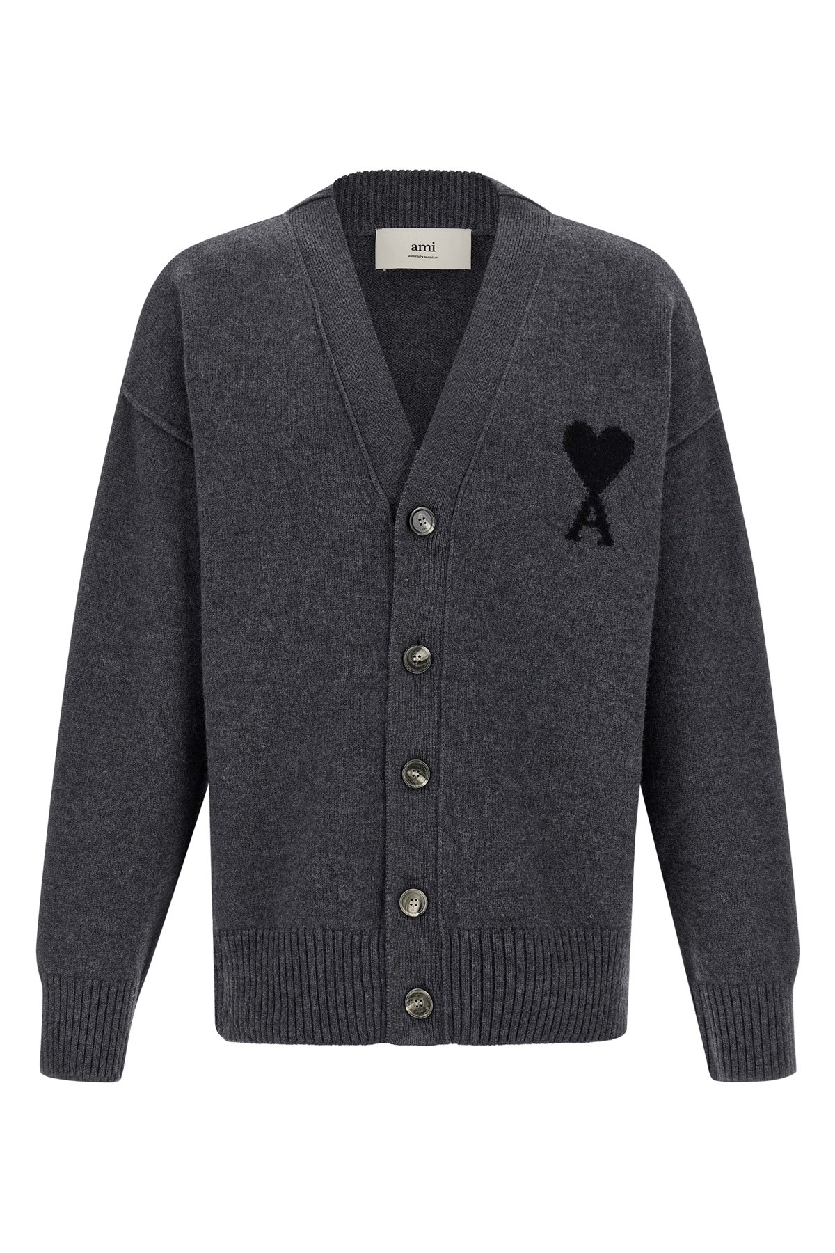 Ami Alexandre Mattiussi Ami Paris Ami De Coeur Heather Grey Wool Cardigan In Gray