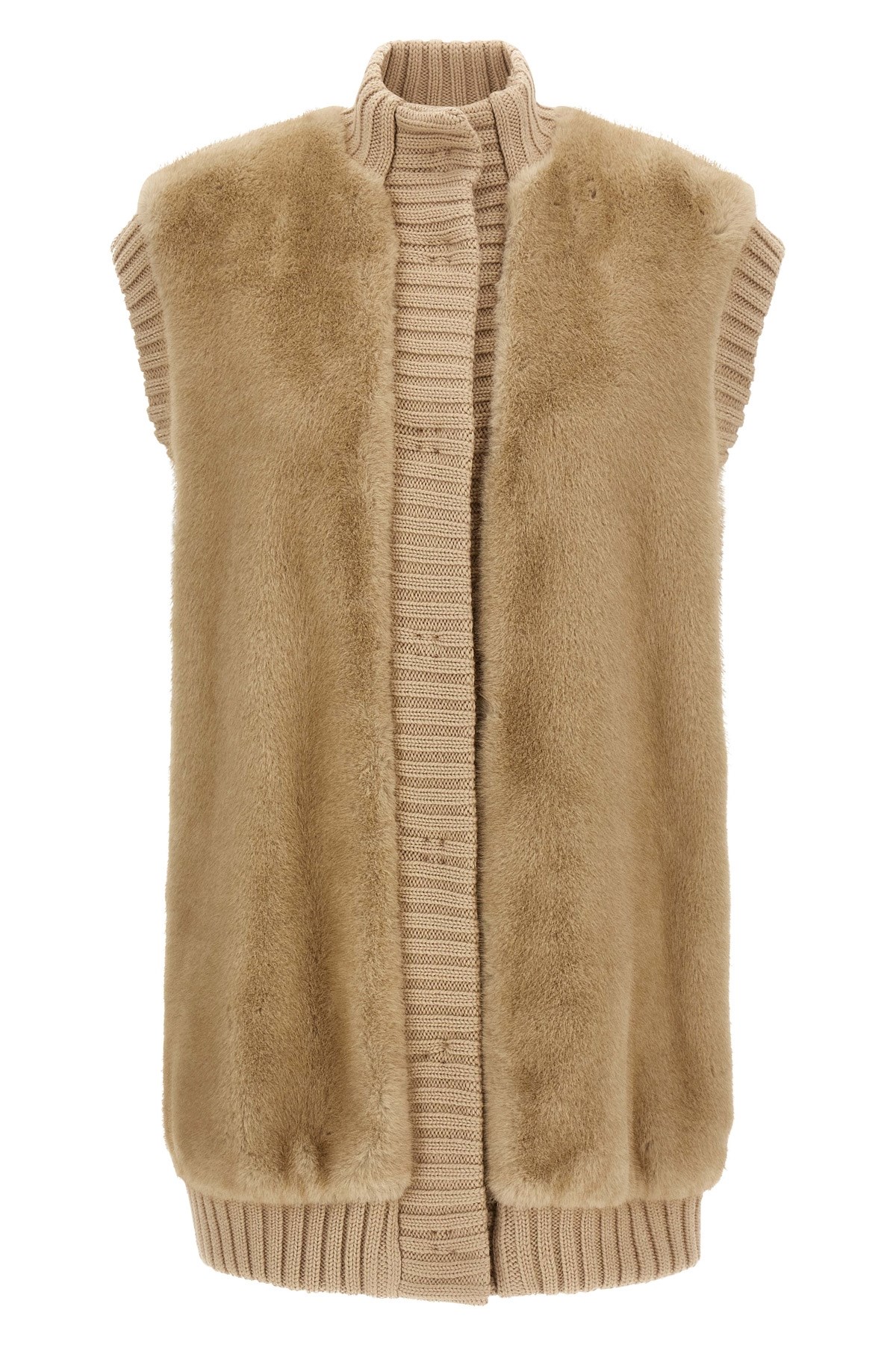 Pinko Genovese Beige Sleeveless Vest With High Neck And Ribbed Details In Ecofur Woman In Neutral