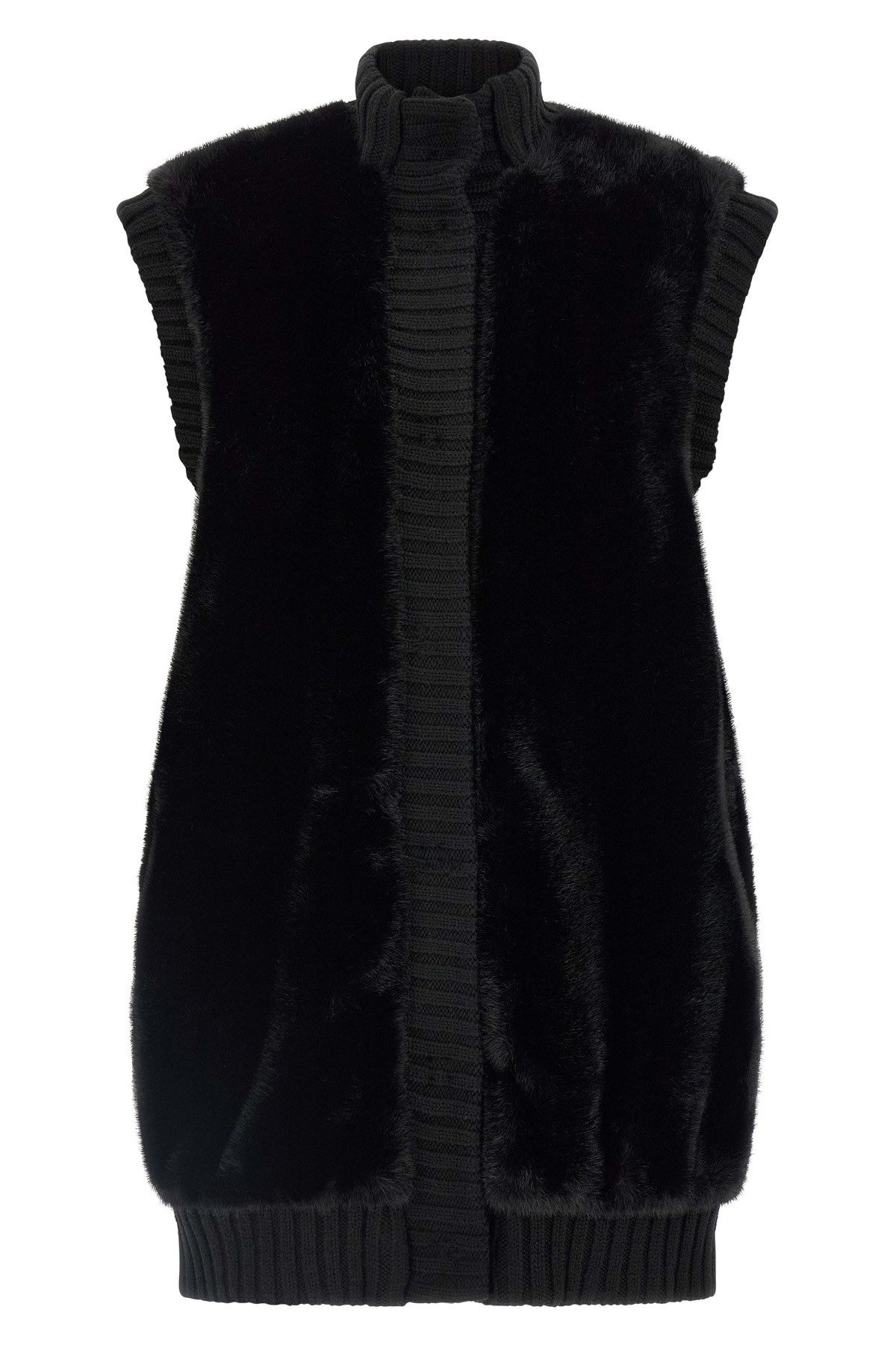 Pinko Genovese Black Sleeveless Vest With High Neck And Ribbed Details In Ecofur Woman In Black