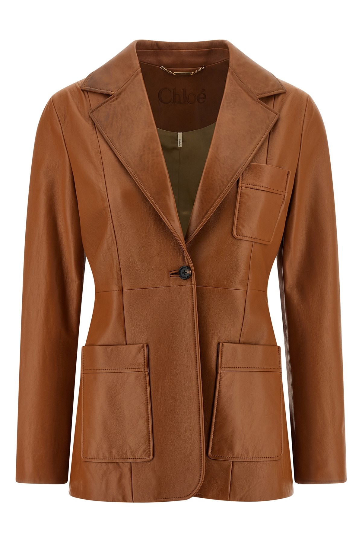 Chloé Structured Leather Blazer Notched Lapel In Brown