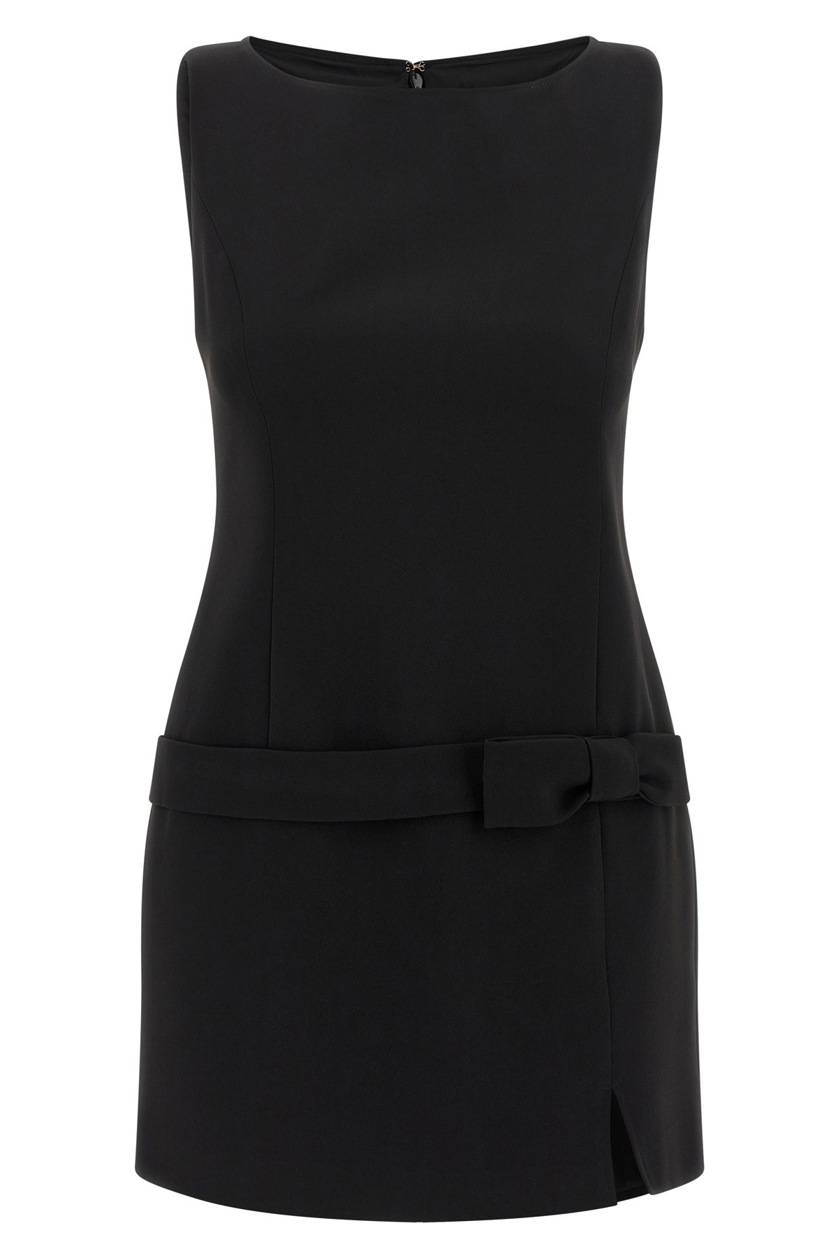 Twinset Black Crewneck Mini Dress With Bow Detail On The Front And Logo Plaque On The Rear In Tech Fabric St In Black