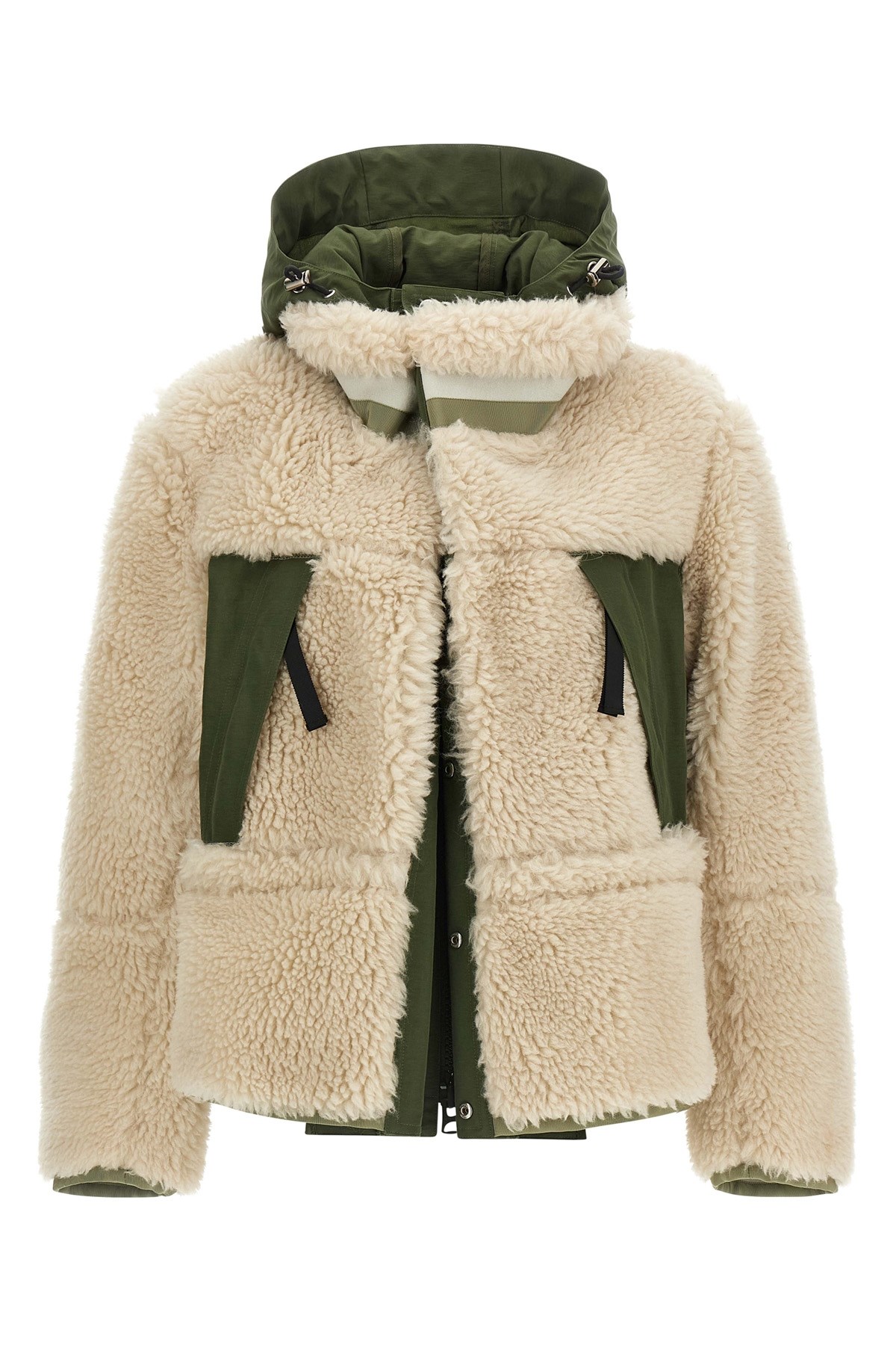 Sacai Eco Shearling And Nylon Jacket In Neutral