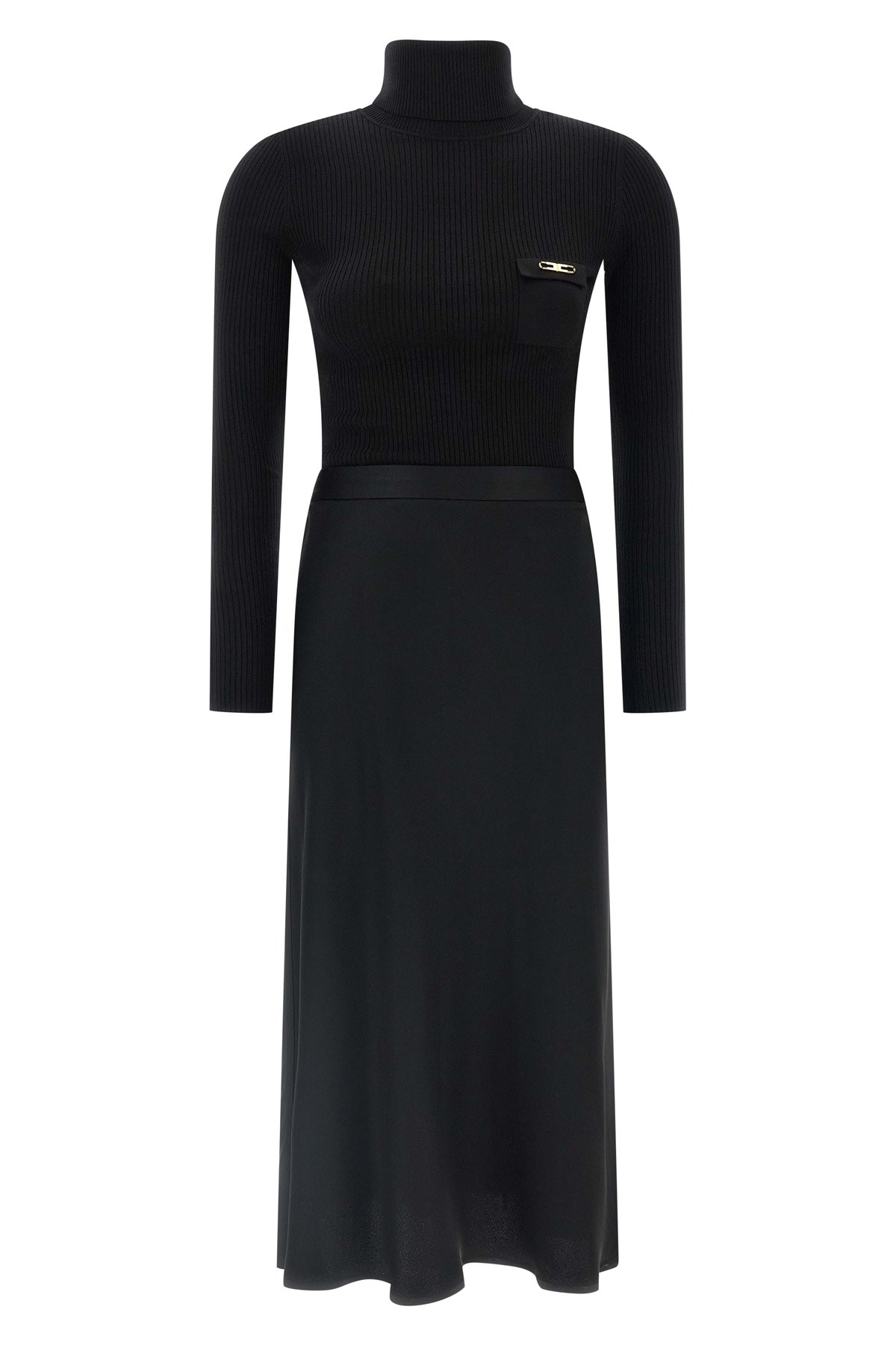Elisabetta Franchi Ribbed Turtleneck Midi Dress In Black