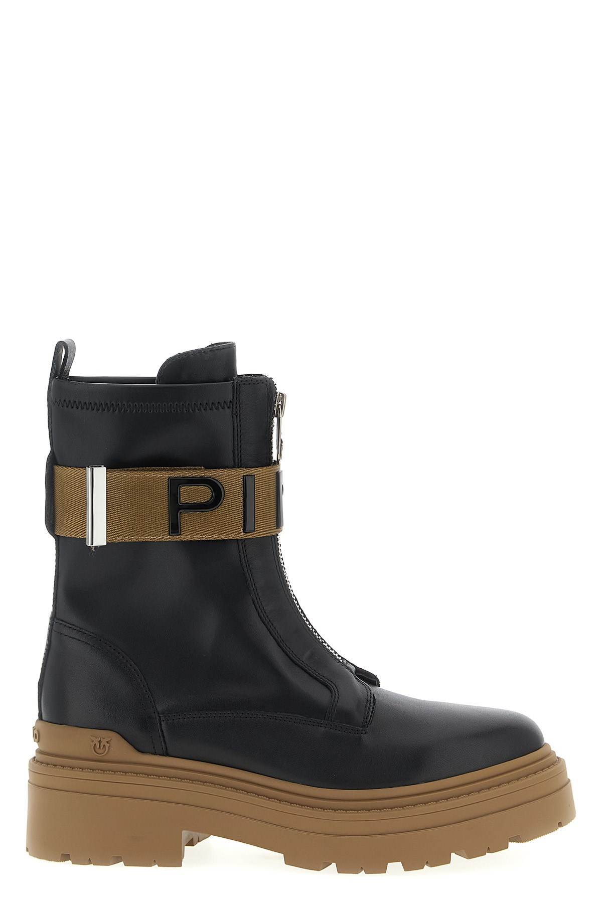 Pinko Stretch Leather Biker Lace-up With Gold Buckle In Black