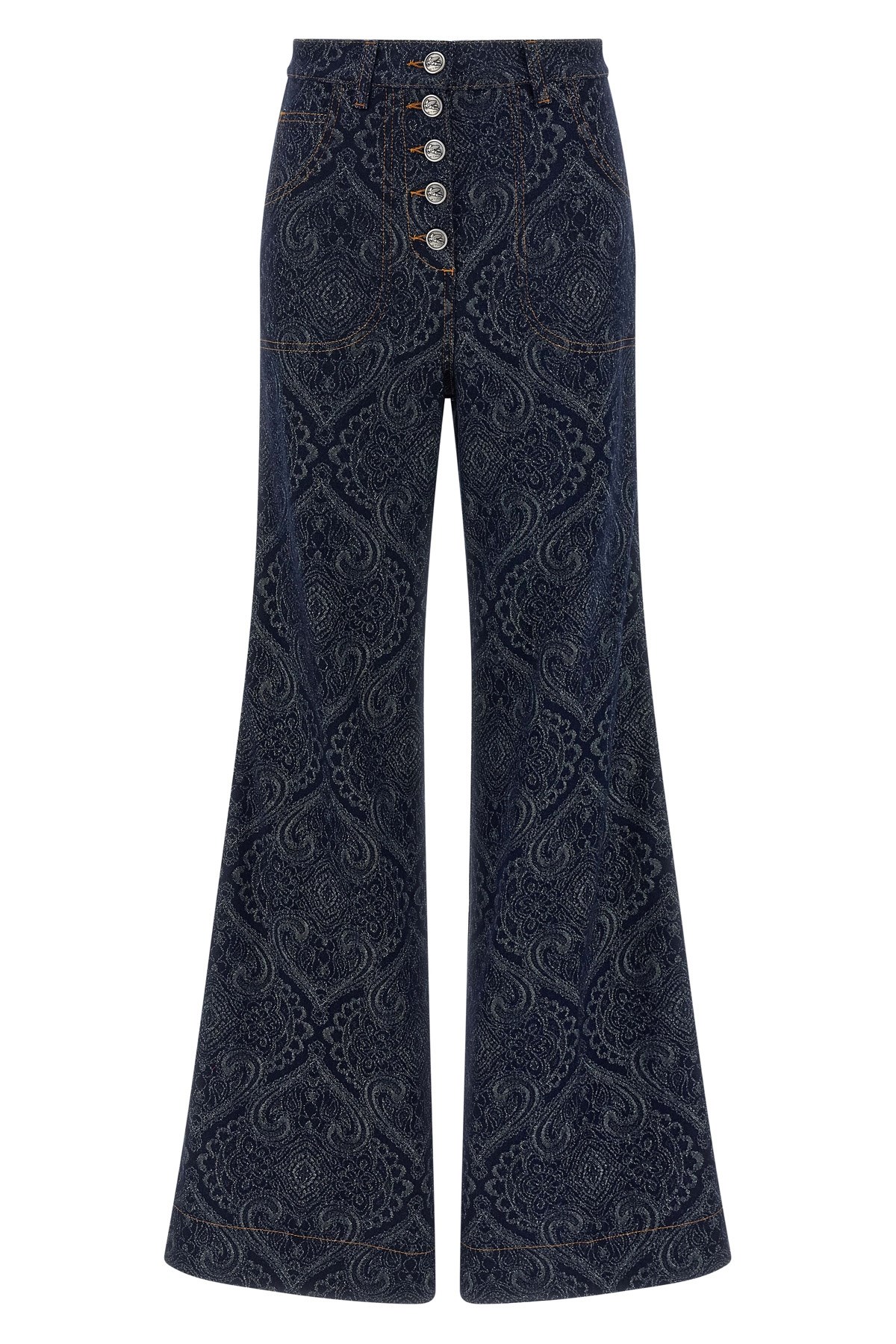 Etro Flared Jacquard Denim Jeans With Pegaso Buttons In Blue