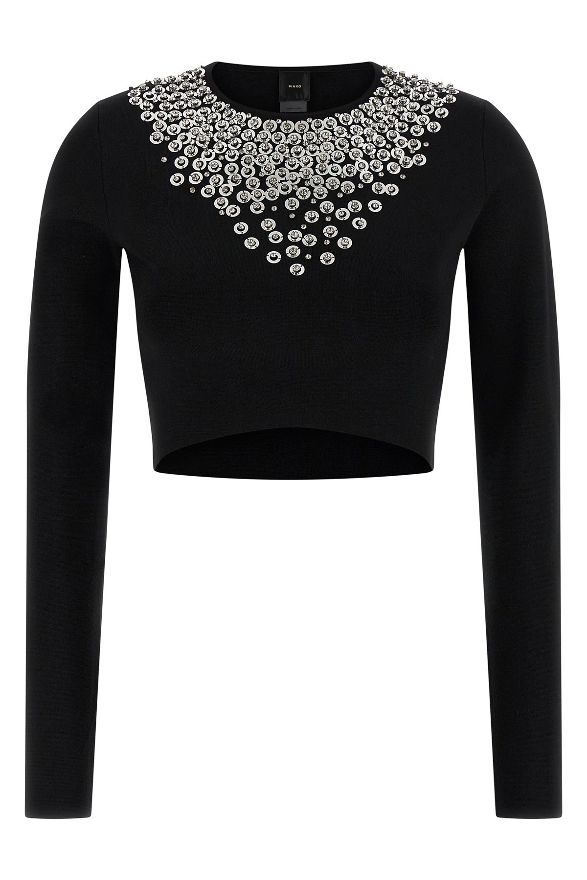 Pinko Cropped Sweater With Sequins And Crystals In Black