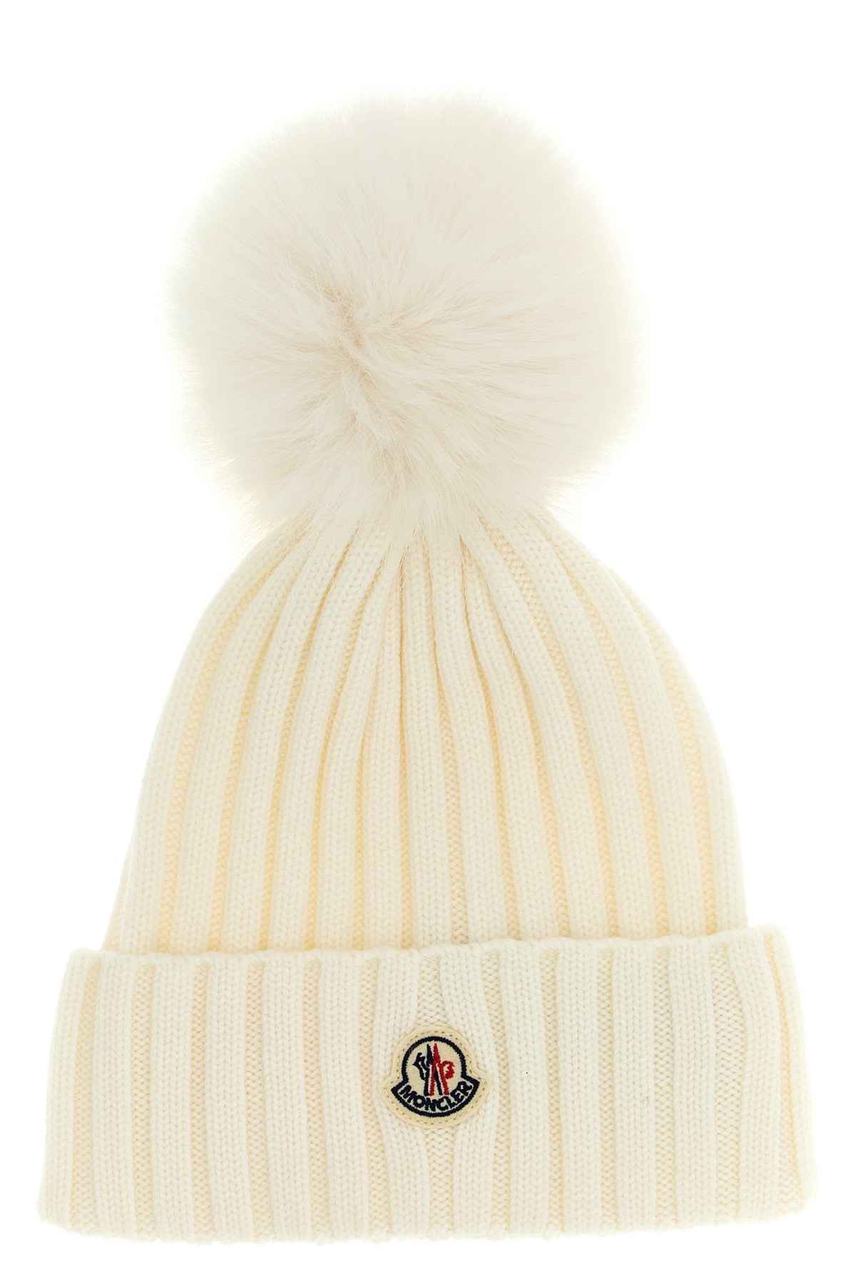 Moncler Virgin Wool Rib Beanie With Faux Fur Pompom In White