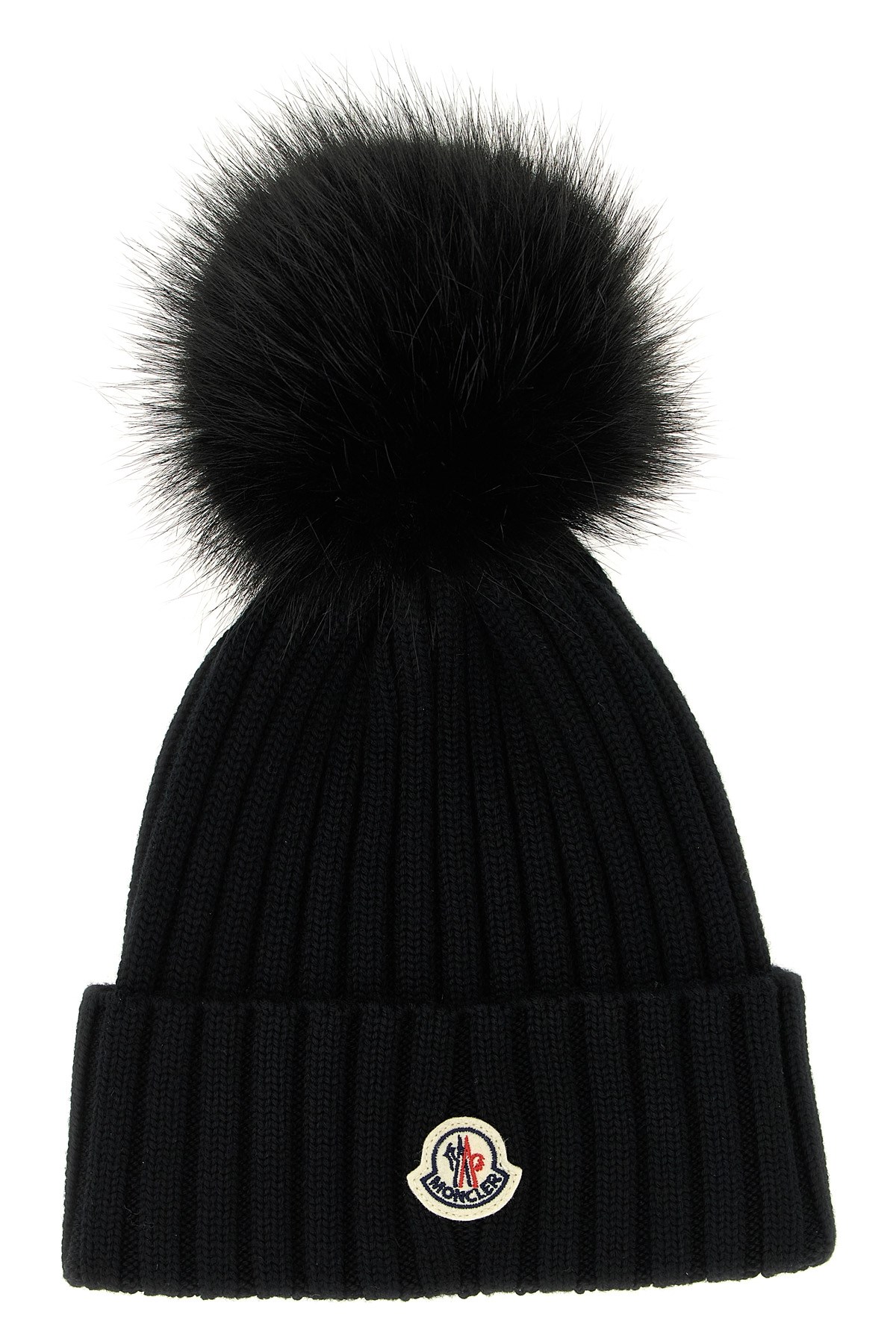 Moncler Ribbed Knit Wool Beanie With Faux Fur Pom-pom In Black