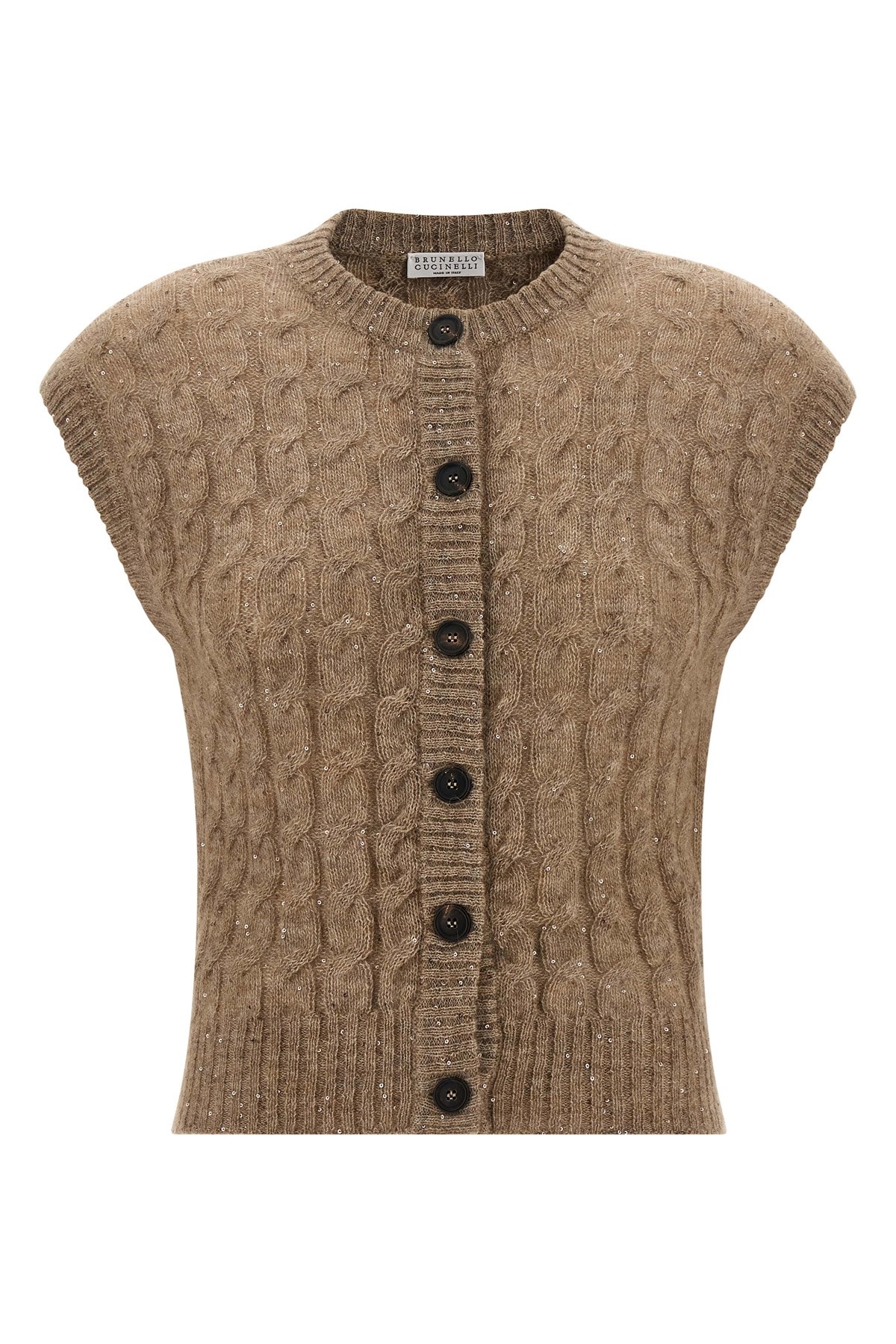 Brunello Cucinelli Cable Knit Cap Sleeve Vest In Brown