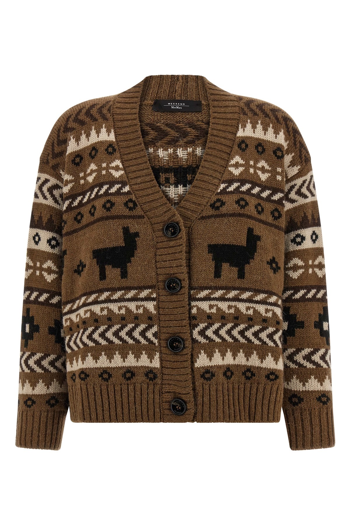 Weekend Max Mara V-neck Cardigan With Ribbed Cuffs And Hem In Brown