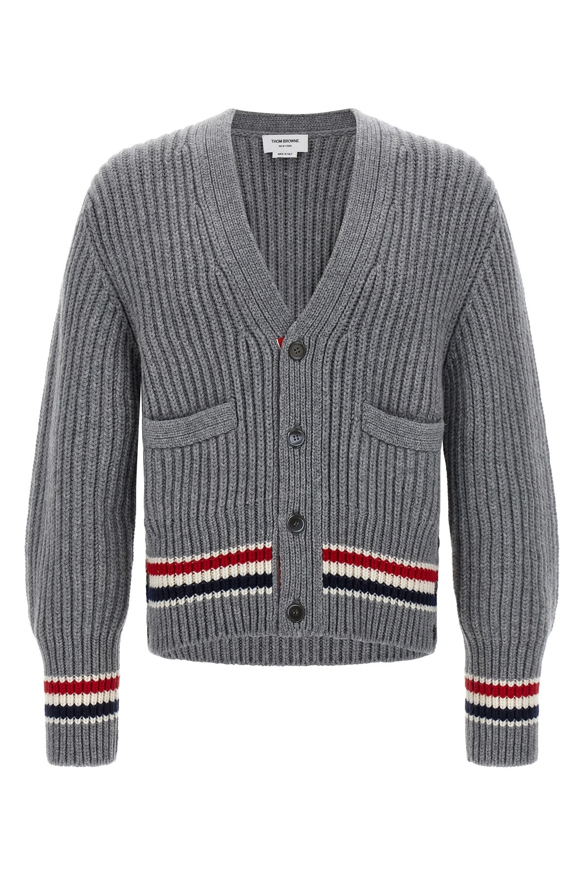 Thom Browne Striped V-neck Cardigan Front Pockets In Brown