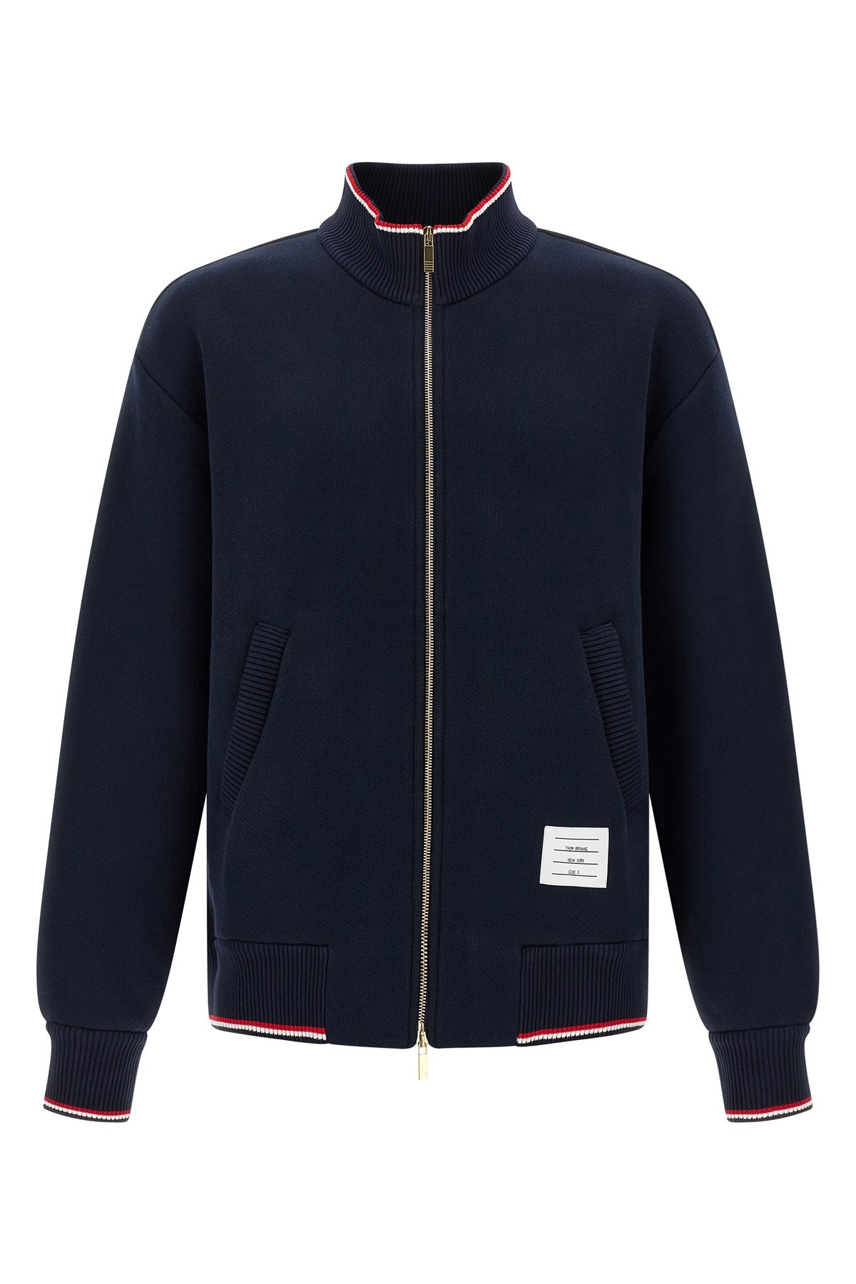 Thom Browne Chunky Loopback Jacket With Rwb Tipping Stripe In Blue