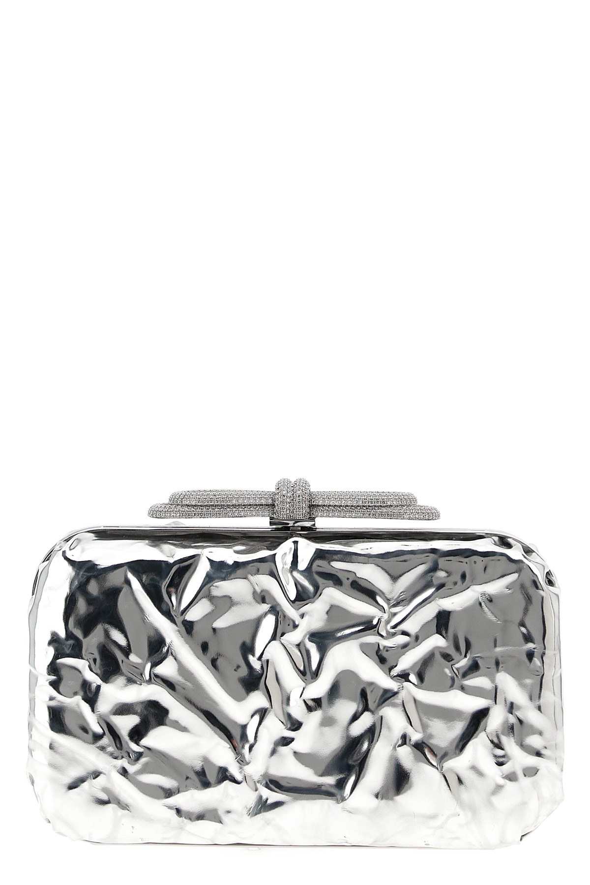 Mach&mach Double Bow Wrapped Mirror Leather Clutch Bag In Silver