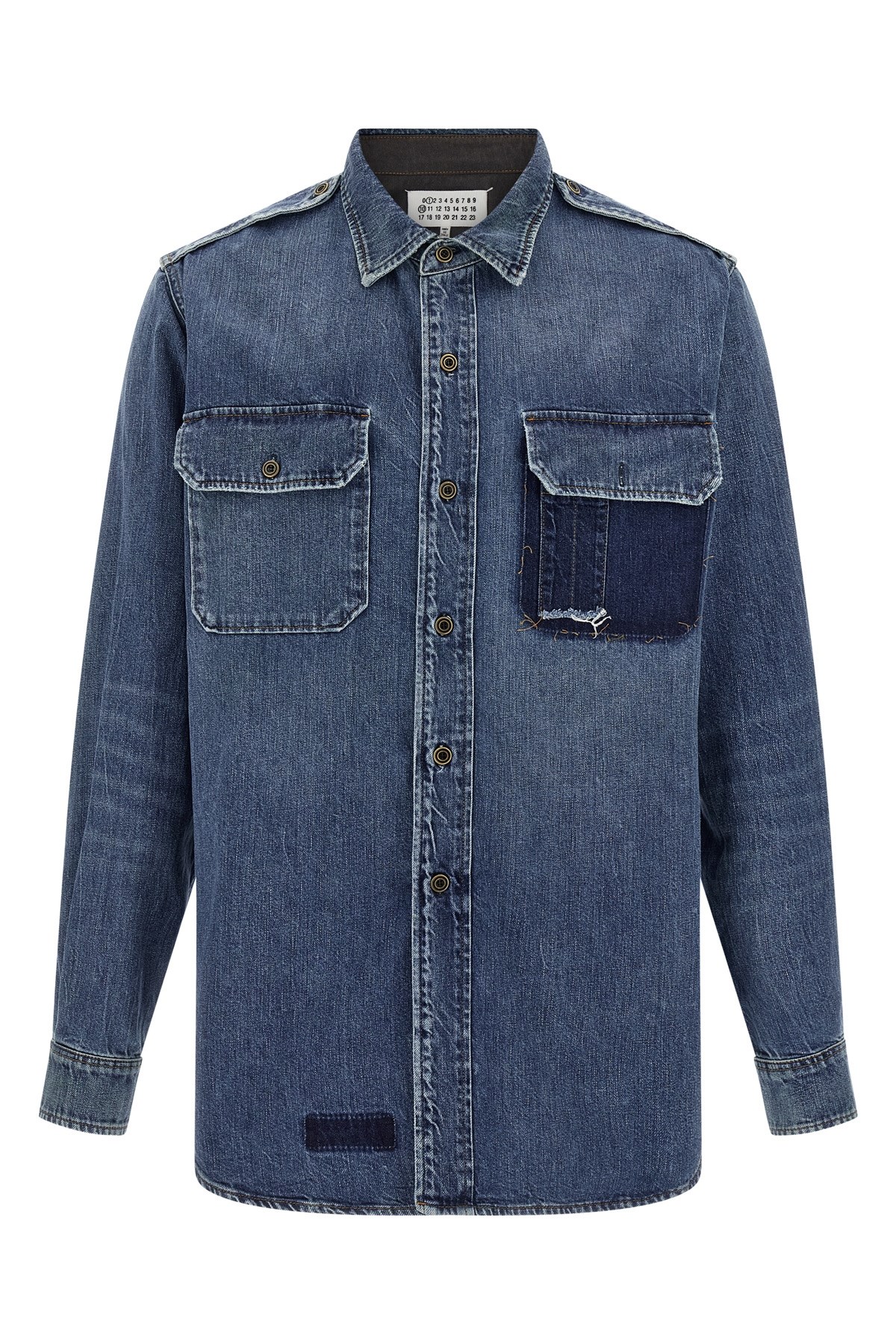 Maison Margiela Used-effect Cotton Denim Shirt With Unique Badges In Blue