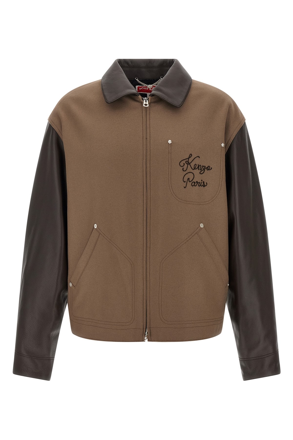 Kenzo Leather-sleeved Embroidered Jacket Coats Beige In Brown