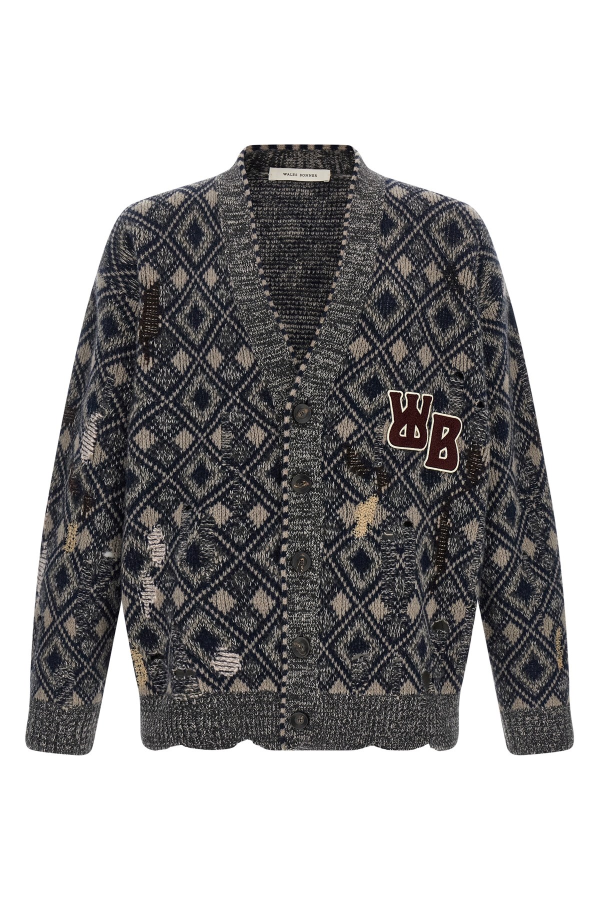 Wales Bonner Diamond Pattern Cardigan Patch Detail In Blue