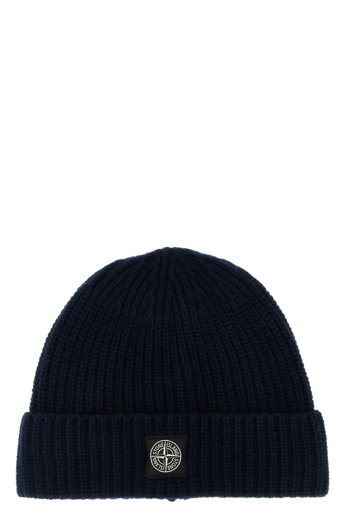 Stone Island Beanie With Compass Patch And Ribbed Cuff In Blue