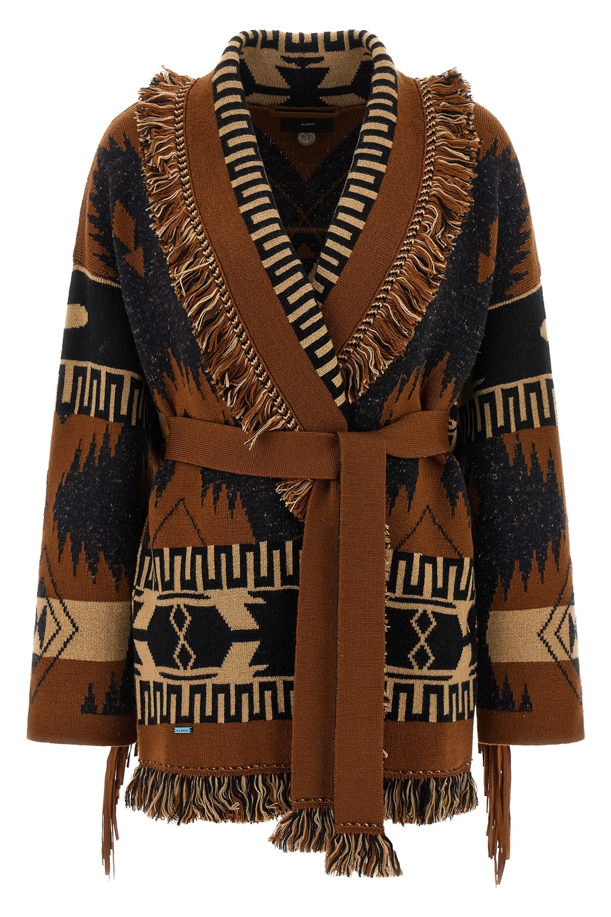 Alanui Icon Jacquard Fringe Belted Cashmere Cardigan In Brown