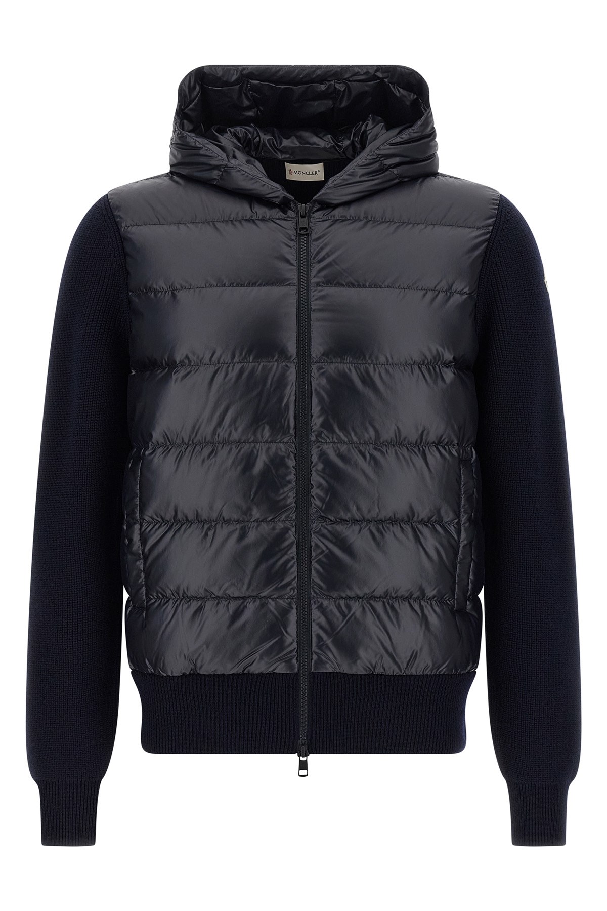 Moncler Hooded Quilted Sweater Ribbed Sleeves In Black