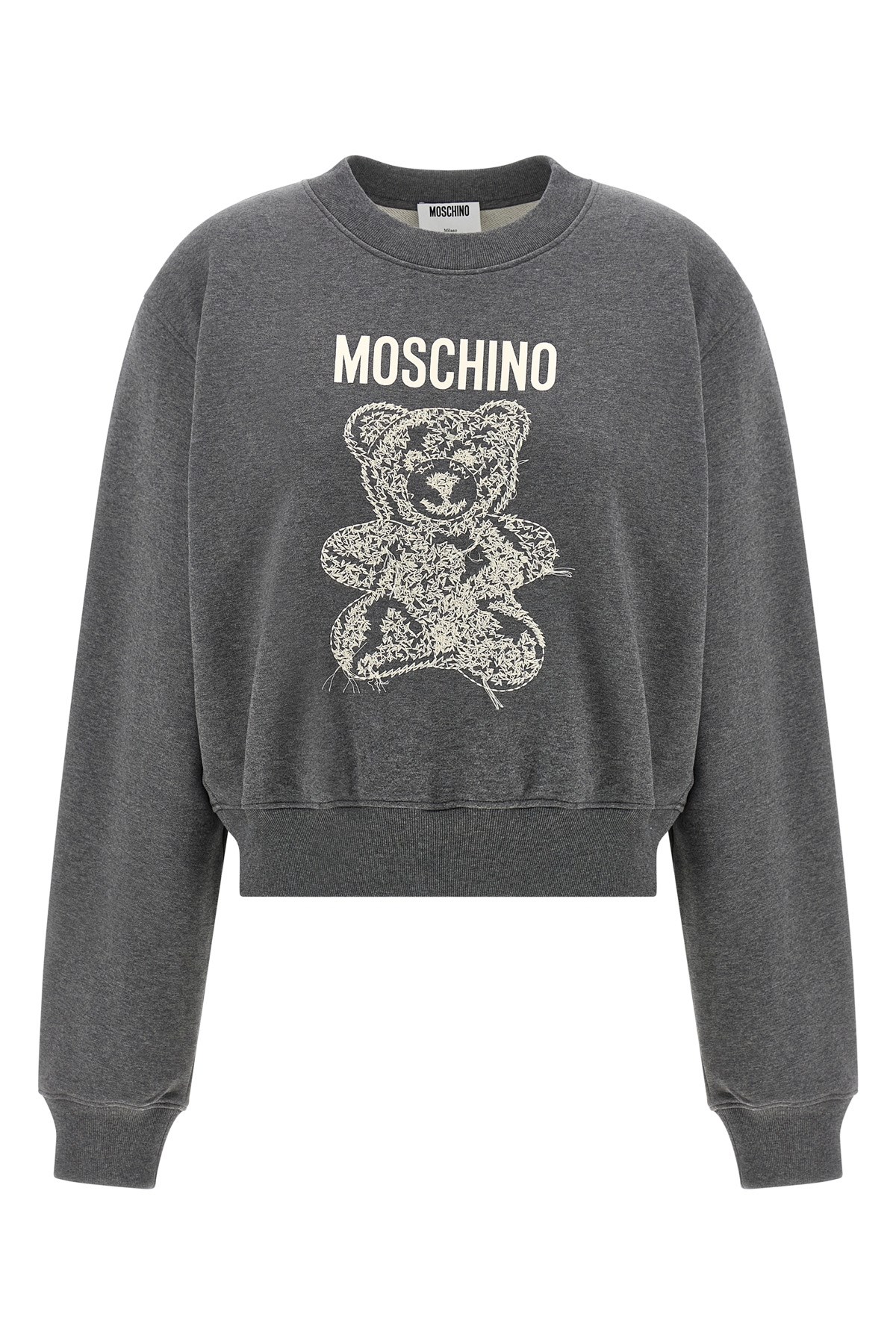 Moschino Ribbed Knitwear With Crew Neck And Graphic Print In Gray